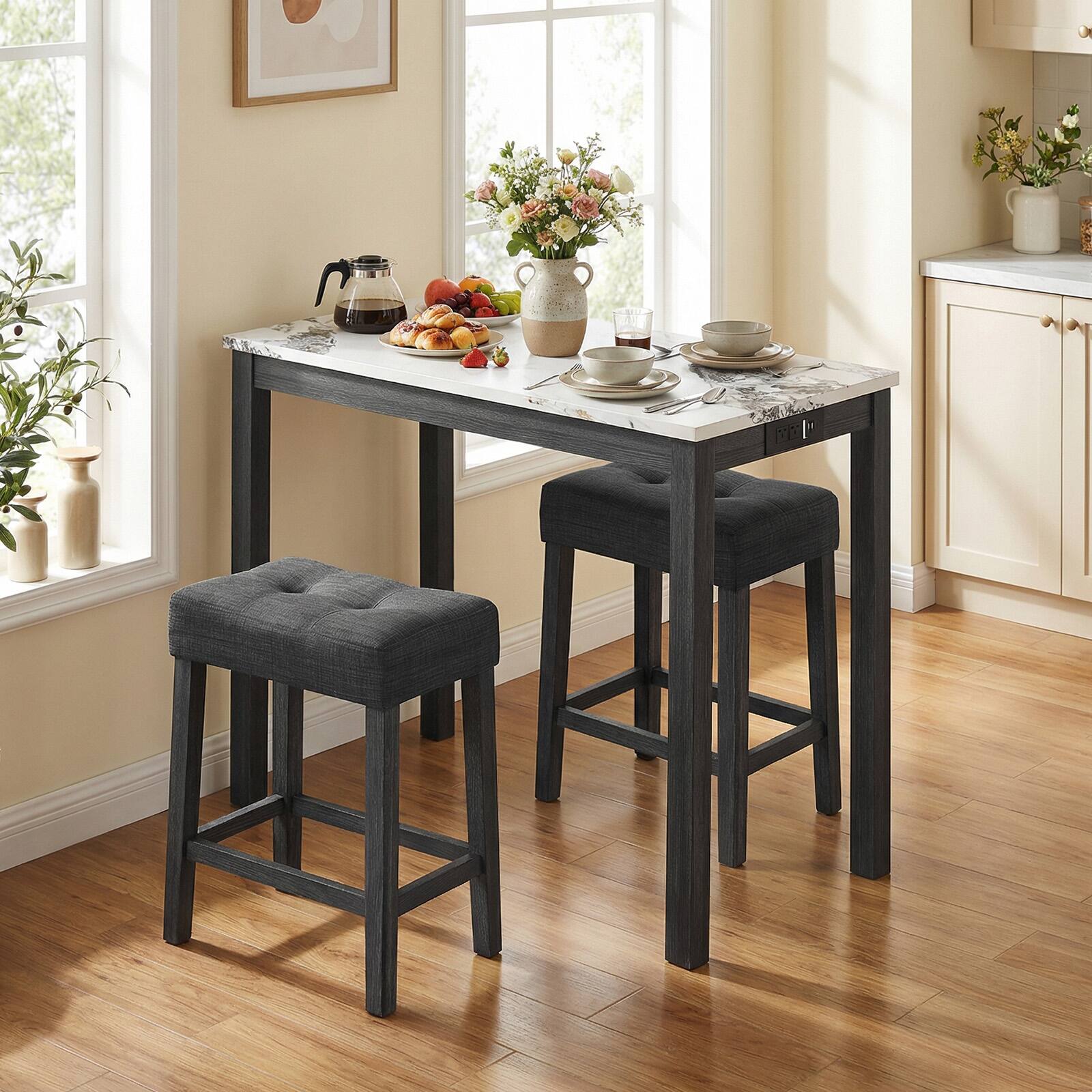 Alt View 1. Gymax - Gymax 3 PCS Bar Table Set w/ Charging Station Modern Counter Height Breakfast Table White - White.