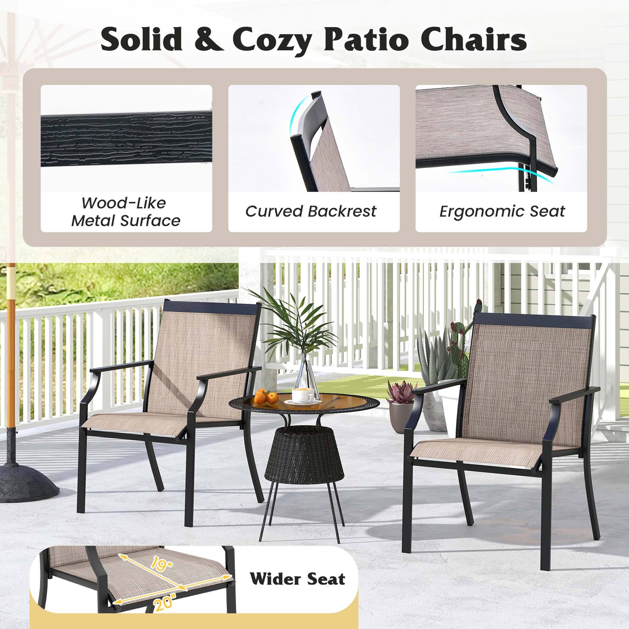 Solid & Cozy Patio Chairs, Wood-Like Metal Surface, Curved Backrest, Ergonomic Seat, Wider Seat