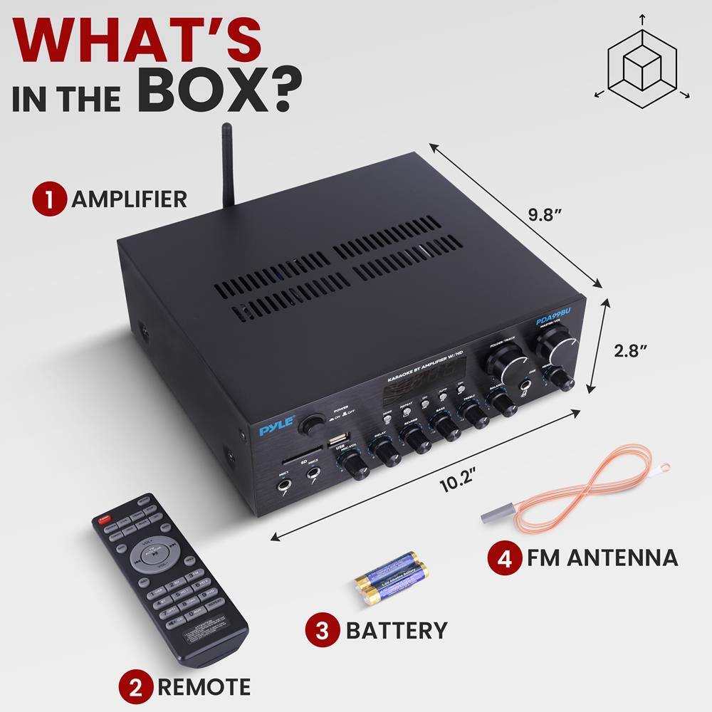 WHAT'S IN THE BOX?

1. AMPLIFIER  
   - 9.8" x 2.8" x 10.2"

2. REMOTE

3. BATTERY

4. FM ANTENNA