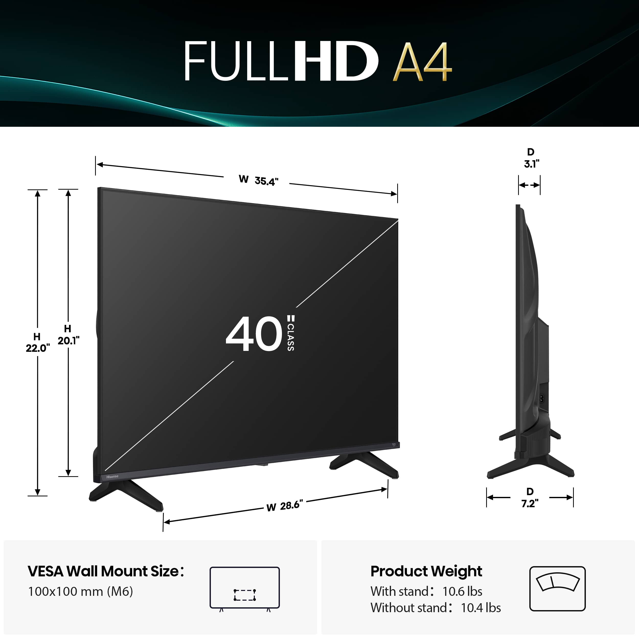 FULLHD A4 W 35.4" D 3.1" H 20.1" 22.0" 40 =CLASS W 28.6" D 7.2" VESA Wall Mount Size: 100x100 mm (M6) [ Product Weight With stand: 10.6 lbs Without stand: 10.4 lbs