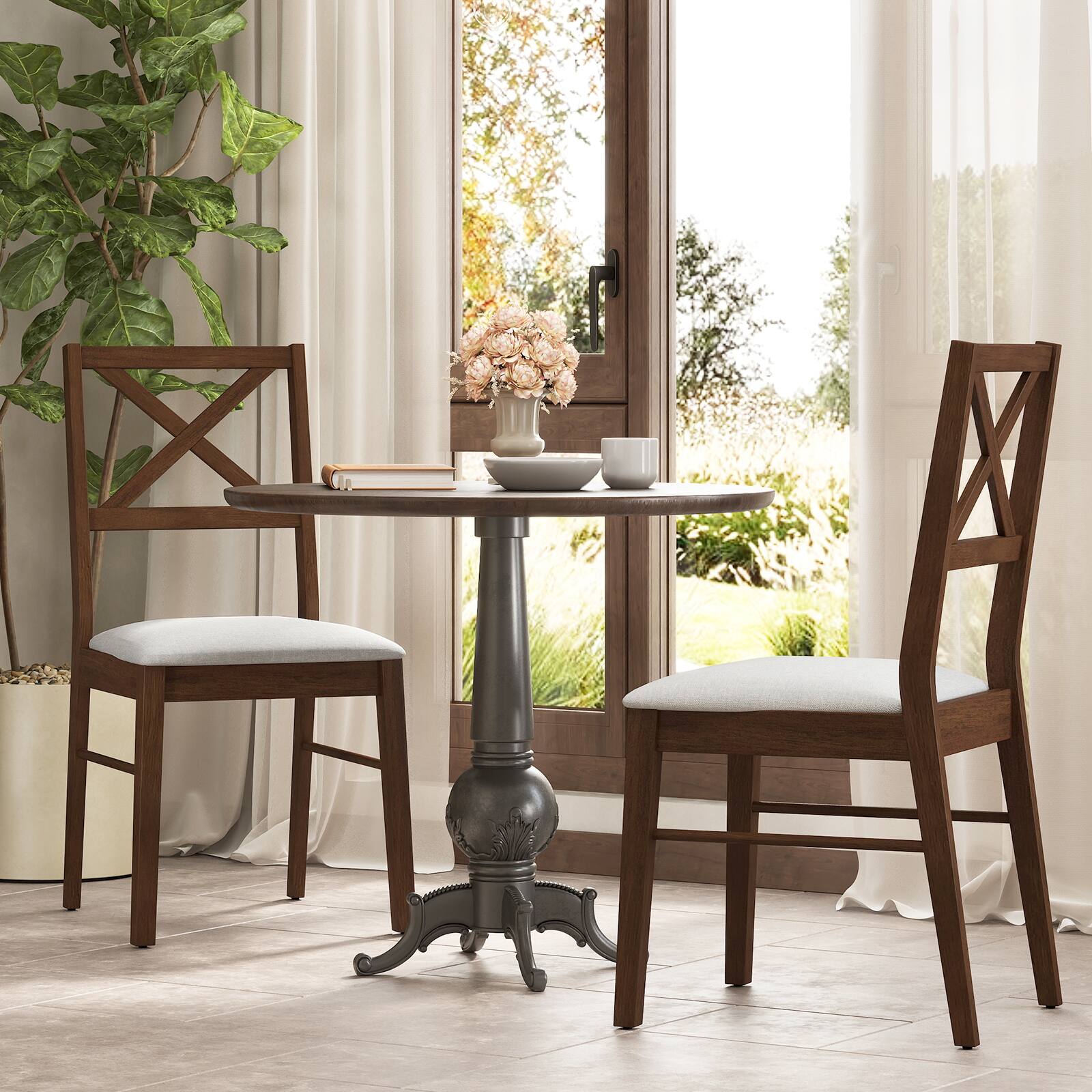 Alt View 3. Gymax - Gymax Dining Chairs Set of 4 Upholstered Kitchen Side Chairs w/ Rubber Wood Frame Brown & White - Brown, White.