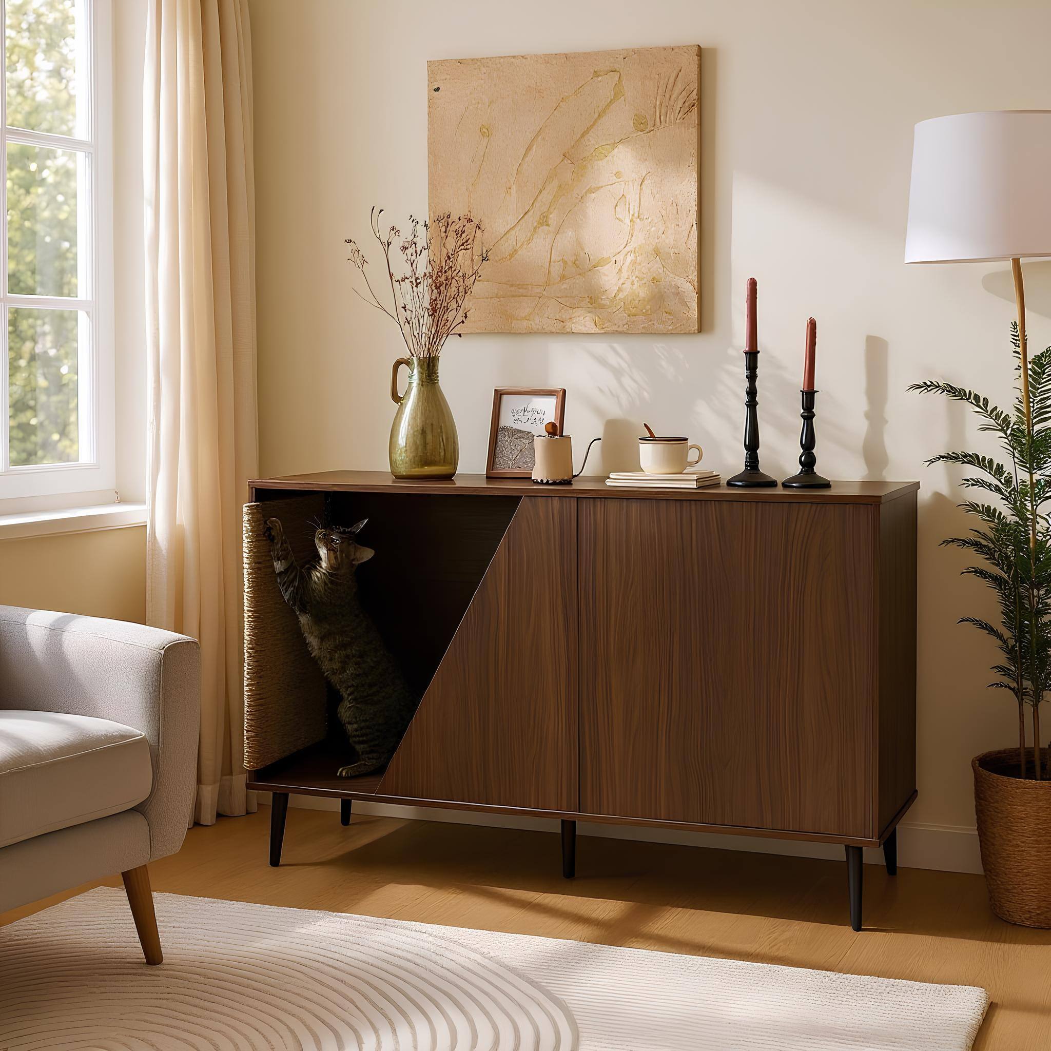 Back. Dexmalle - Dexmalle-2 IN 1 Modern Cabinet Side Table&Cat House with Scatcher,Spring-Loaded Door-Walnut.