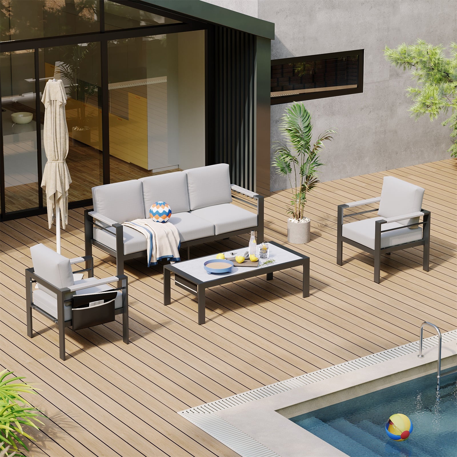 Front. Bestier - LED Aluminum Patio Furniture Set, 5-Piece Metal Outdoor Sectional Sofa Conversation Set for Backyard - Gray.