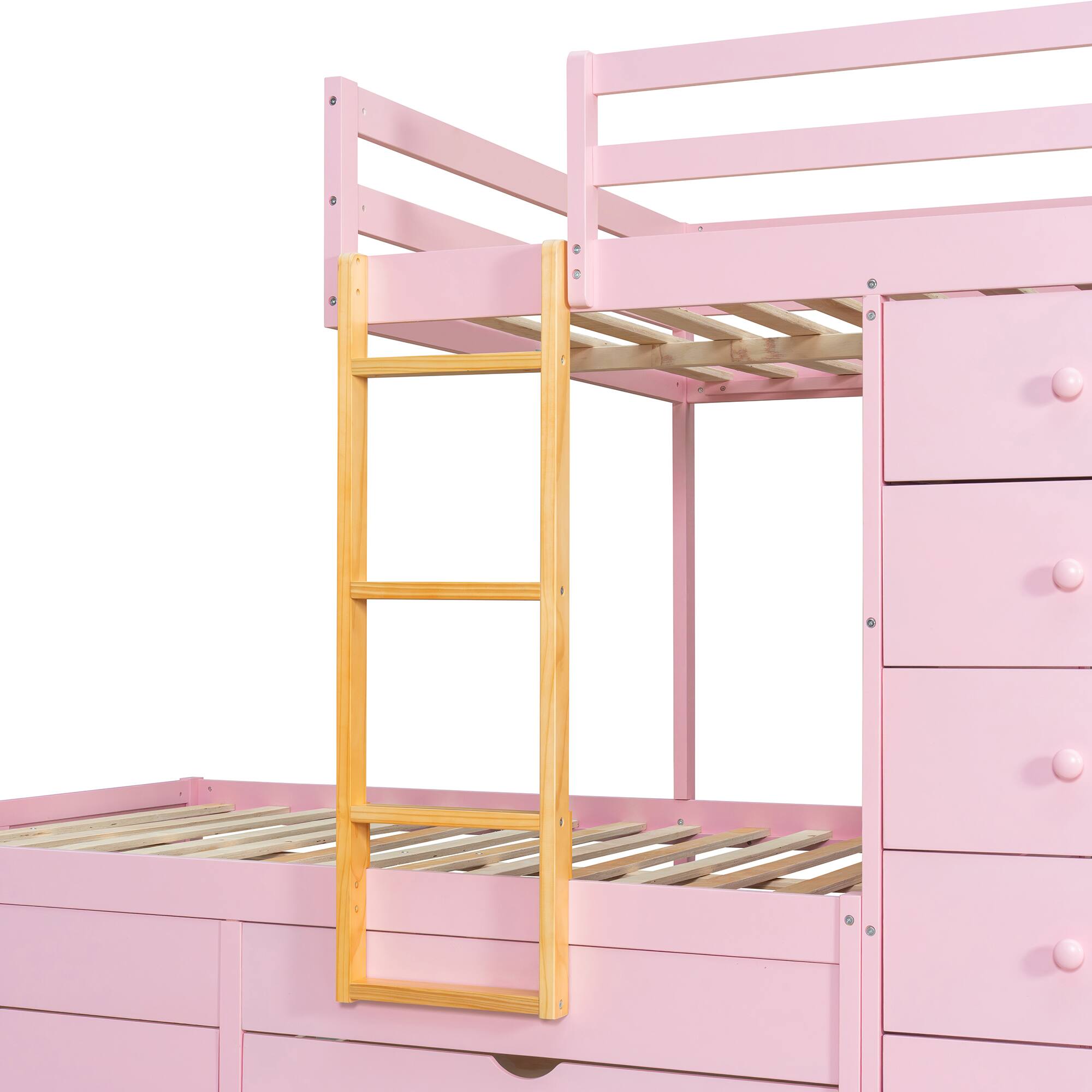 Alt View 2. Anysun - Full Size Bunk Bed with Multiple Drawers & Wardrobe - MDF & Solid Wood Construction, Modern Storage Design - Pink.