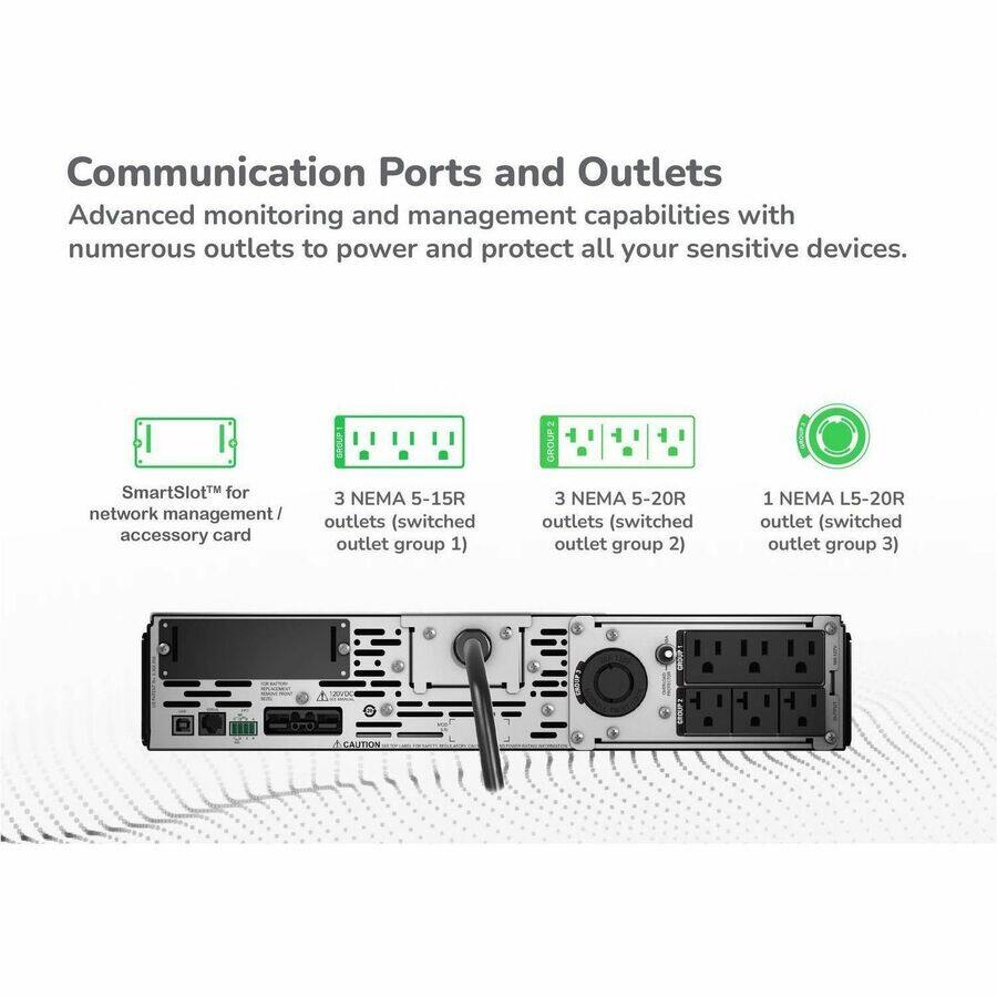 Communication Ports and Outlets

Advanced monitoring and management capabilities with numerous outlets to power and protect all your sensitive devices.

- SmartSlot™ for network management/ accessory card
- 2 NEMA 5-15R outlets (switched outlet group 1)
- 3 NEMA 5-20R outlets (switched outlet group 2)
- 1 NEMA L5-20R outlet (switched outlet group 3)
