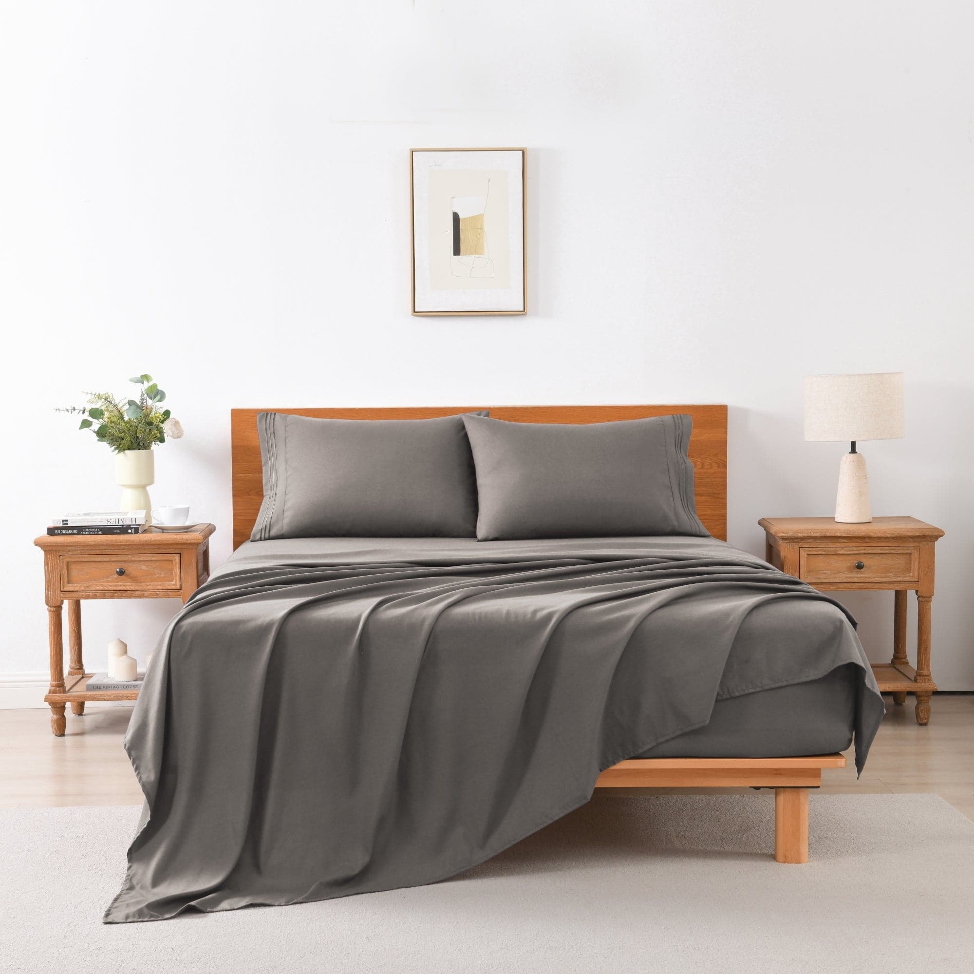 MarCielo - 3/4 Pcs Soft Solid & Embroidery Bed Sheets Set - Dark Grey