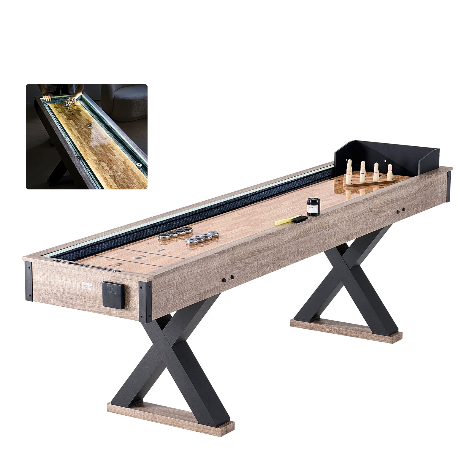 VEVOR - Shuffleboard Table, 9 ft LED Light Up Shuffleboard for Family Game Room, 2 in 1 Shuffleboard and Bowling Combo Game Set - wood