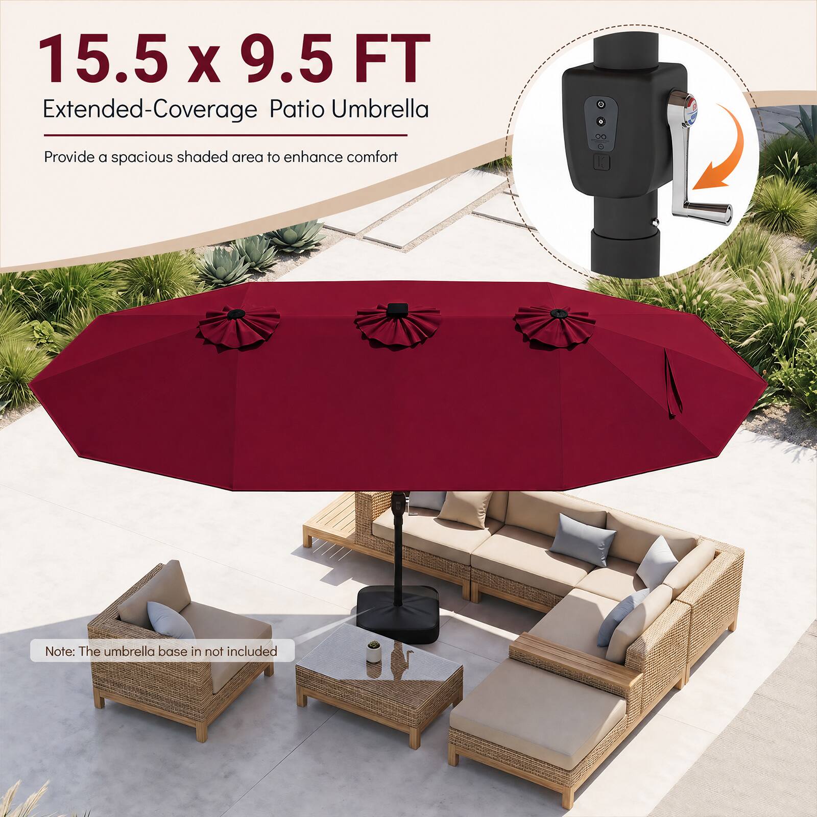 15.5 x 9.5 FT Extended-Coverage Patio Umbrella

Provide a spacious shaded area to enhance comfort

Note: The umbrella base is not included