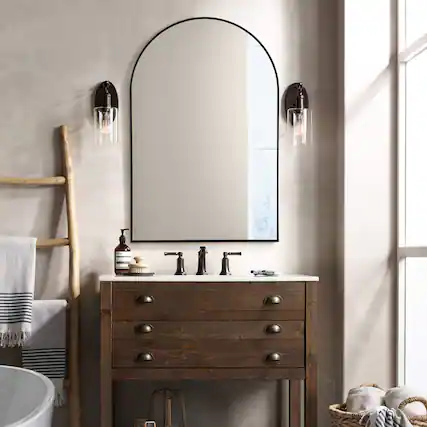 Front. PexFix - Modern Metal Frame Bathroom Mirror, 24x36 in. Arched, Wall-Mounted for Vanity & Powder Room - Black.