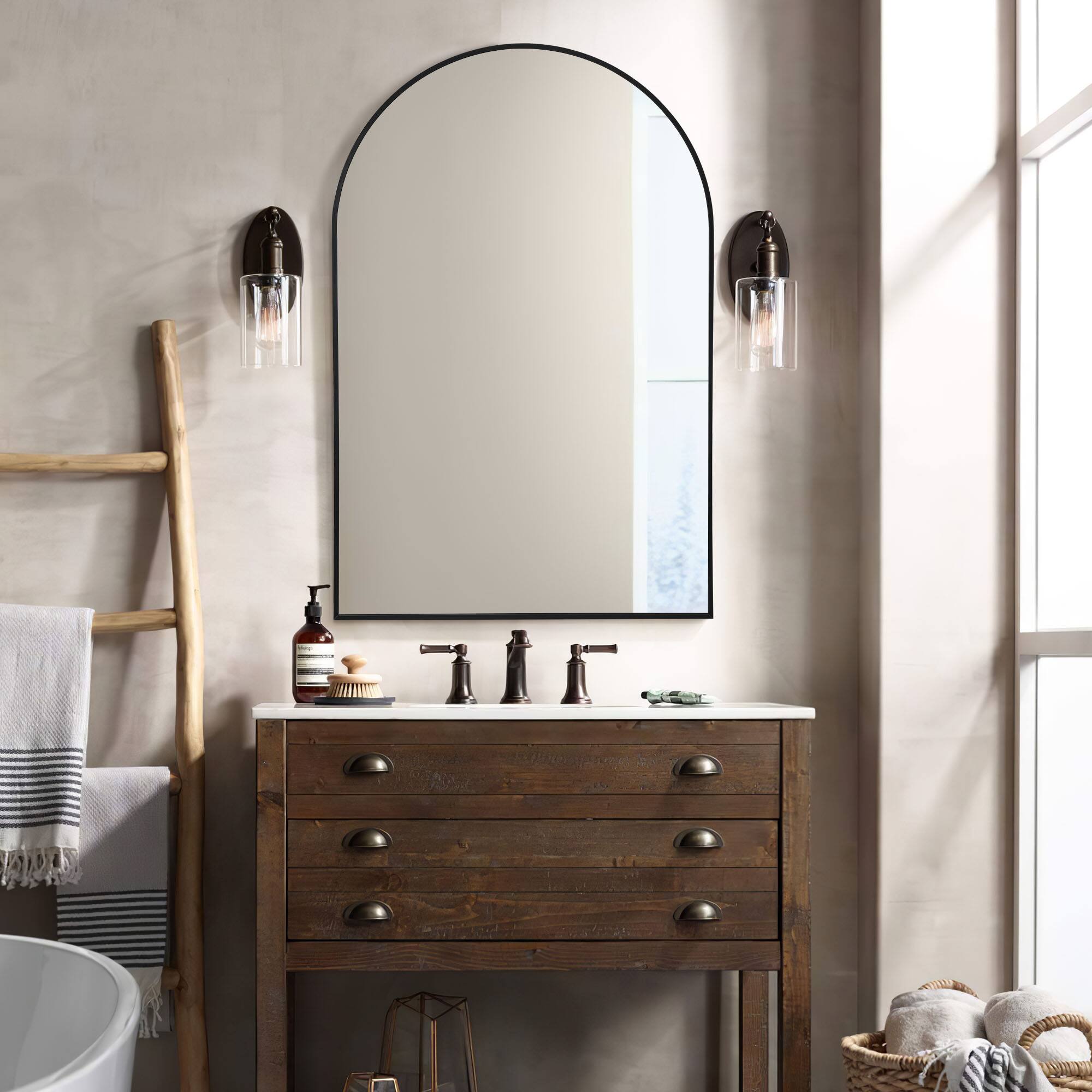 Front. PexFix - Modern Metal Frame Bathroom Mirror, 24x36 in. Arched, Wall-Mounted for Vanity & Powder Room - Black.