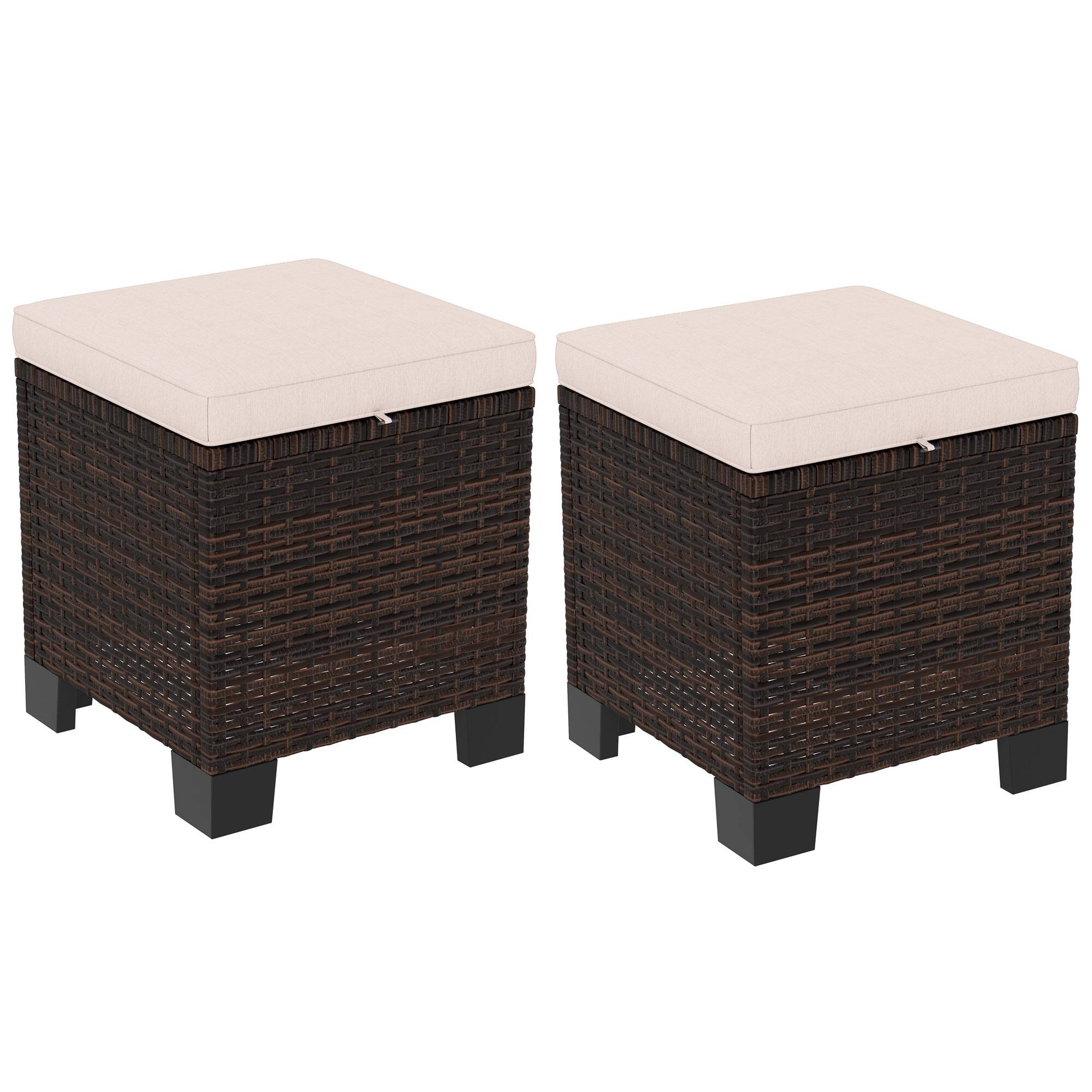 Outsunny - 2 Pieces Outdoor Patio Ottomans, All Weather Wicker Outdoor Footstools with Removable Cushions - Cream White