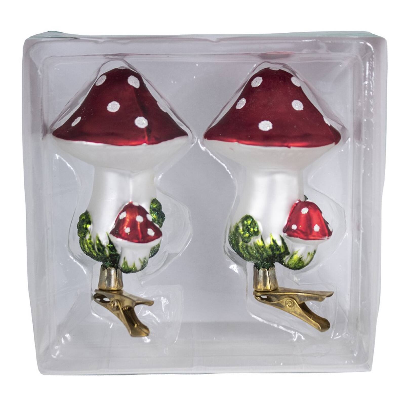 Angle. Kurt S Adler - Kurt Adler Red Toadstool Mushroom Clip-On Glass Christmas Tree Ornaments 2-Piece Set 4 inch - Red.