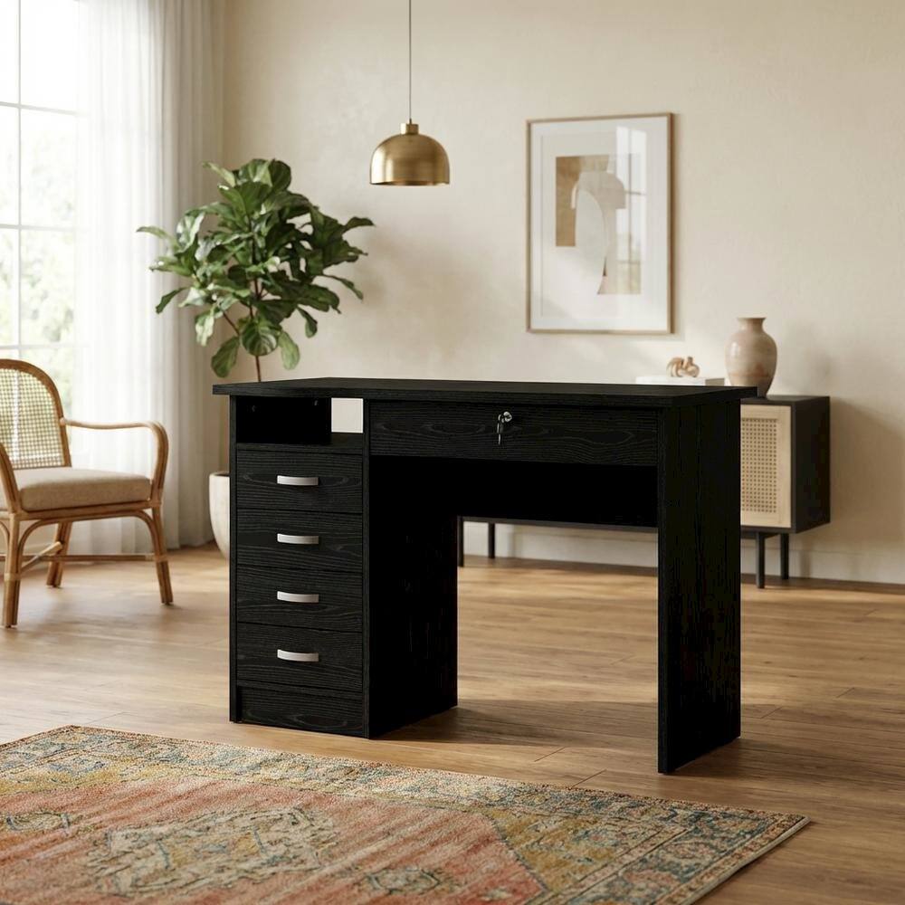 Left. FurniFact - 5-Drawer Computer Desk with Storage for Home Office or Workspace - Black.