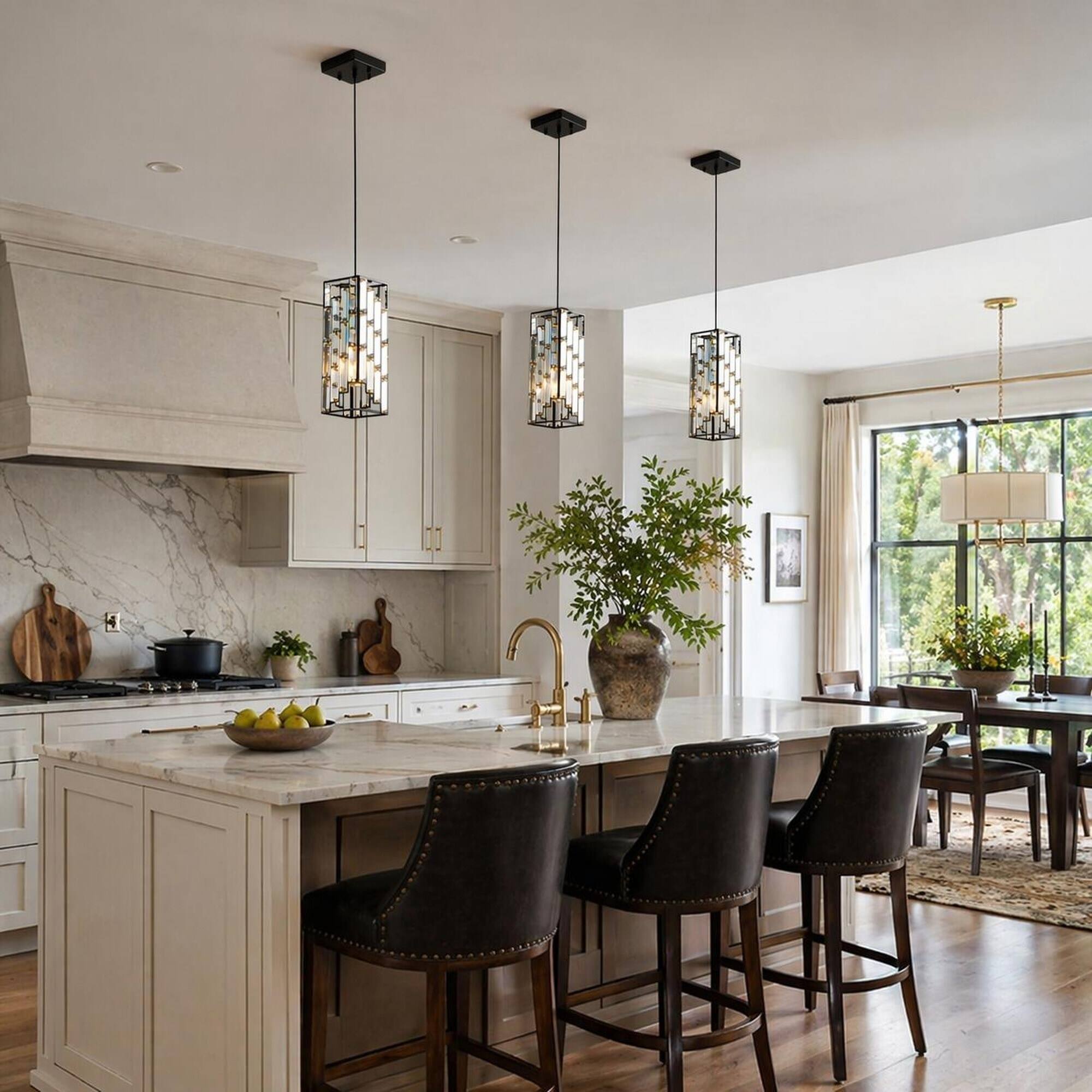 Angle. RYHNUYNE - Modern Crystal Pendant Light 3-Pack, Adjustable Hanging Ceiling Lamp with Prism Shades, Black Finish for Dining Room.