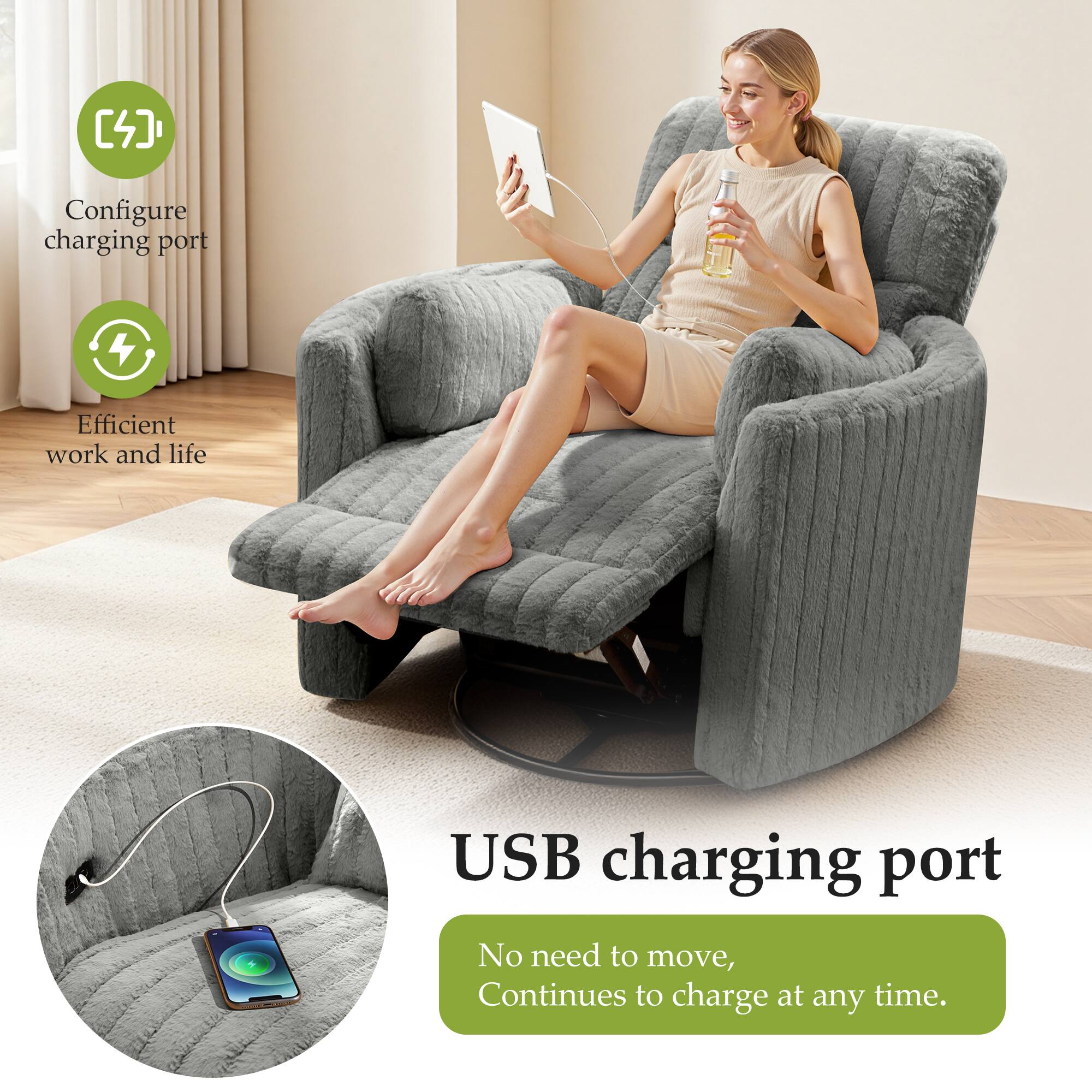 - Configure charging port
- Efficient work and life
- USB charging port
- No need to move, Continues to charge at any time.