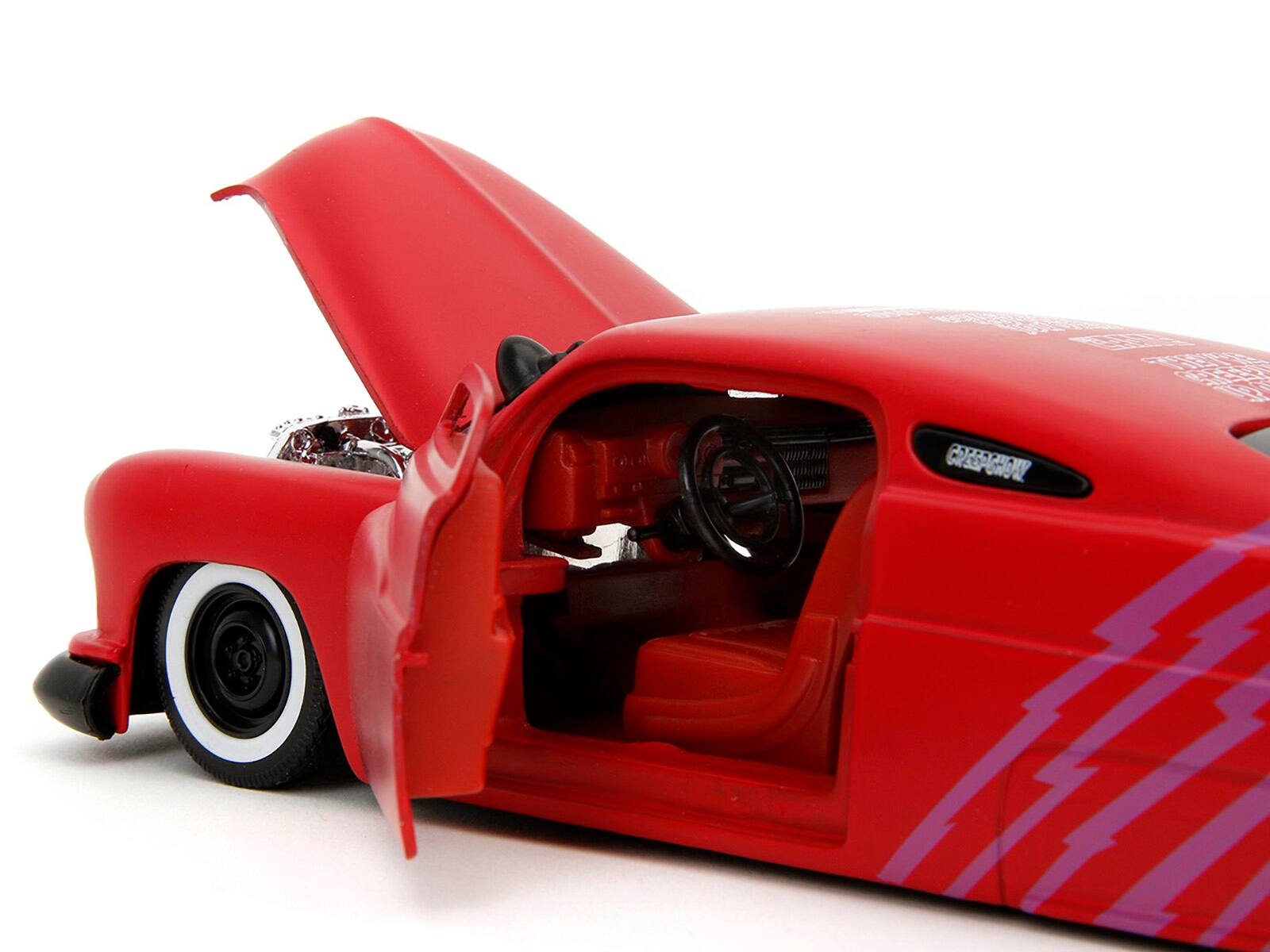 Alt View 2. Jada - 1951 Mercury Matt Red with Purple Stripes and Creep Figure "Creepshow" (1982) Movie 1/24 Model Car by Jada.