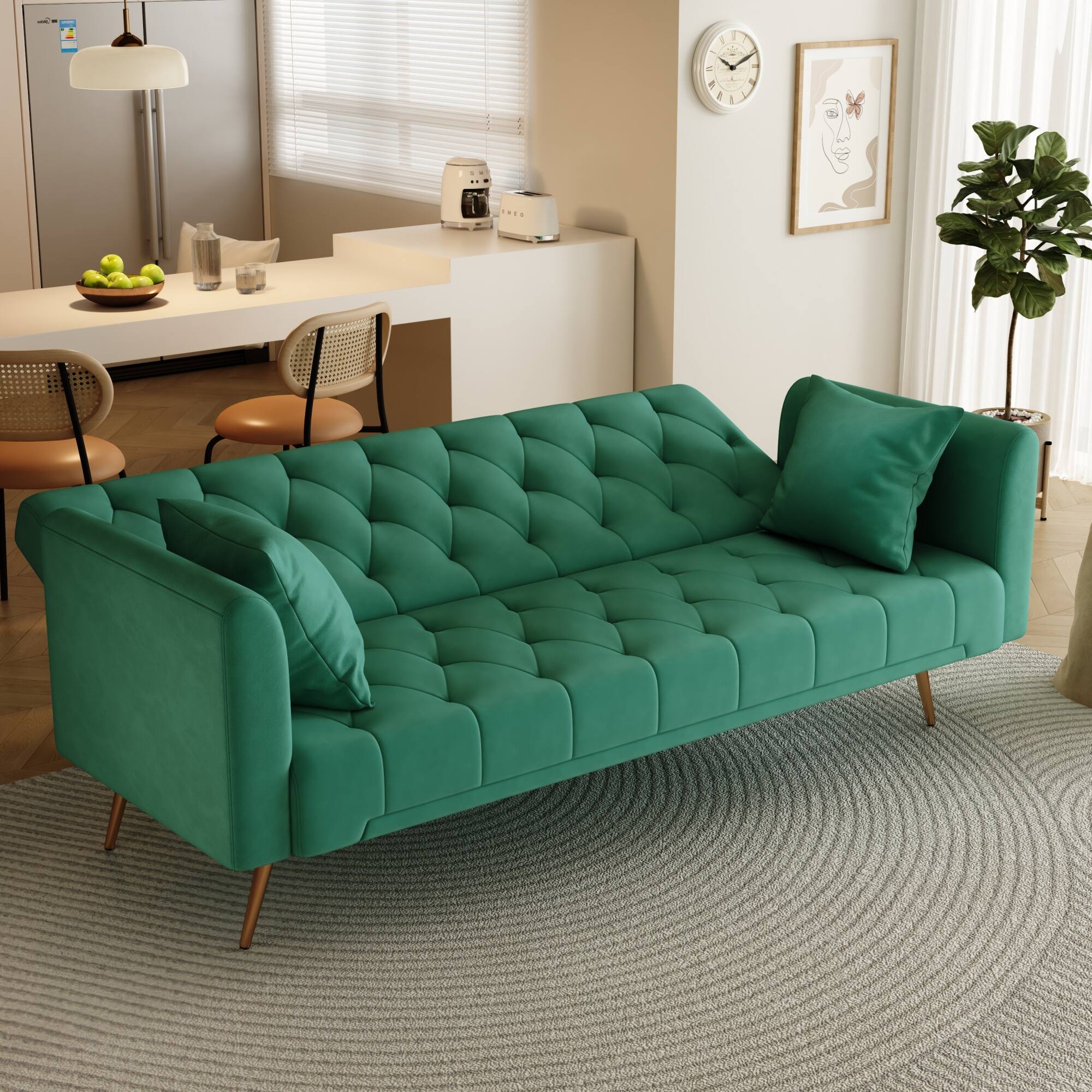 Left. GOODSILO - Convertible Velvet Sofa Bed with Adjustable Backrest for Small Spaces, Living Room and Office Use - Green.