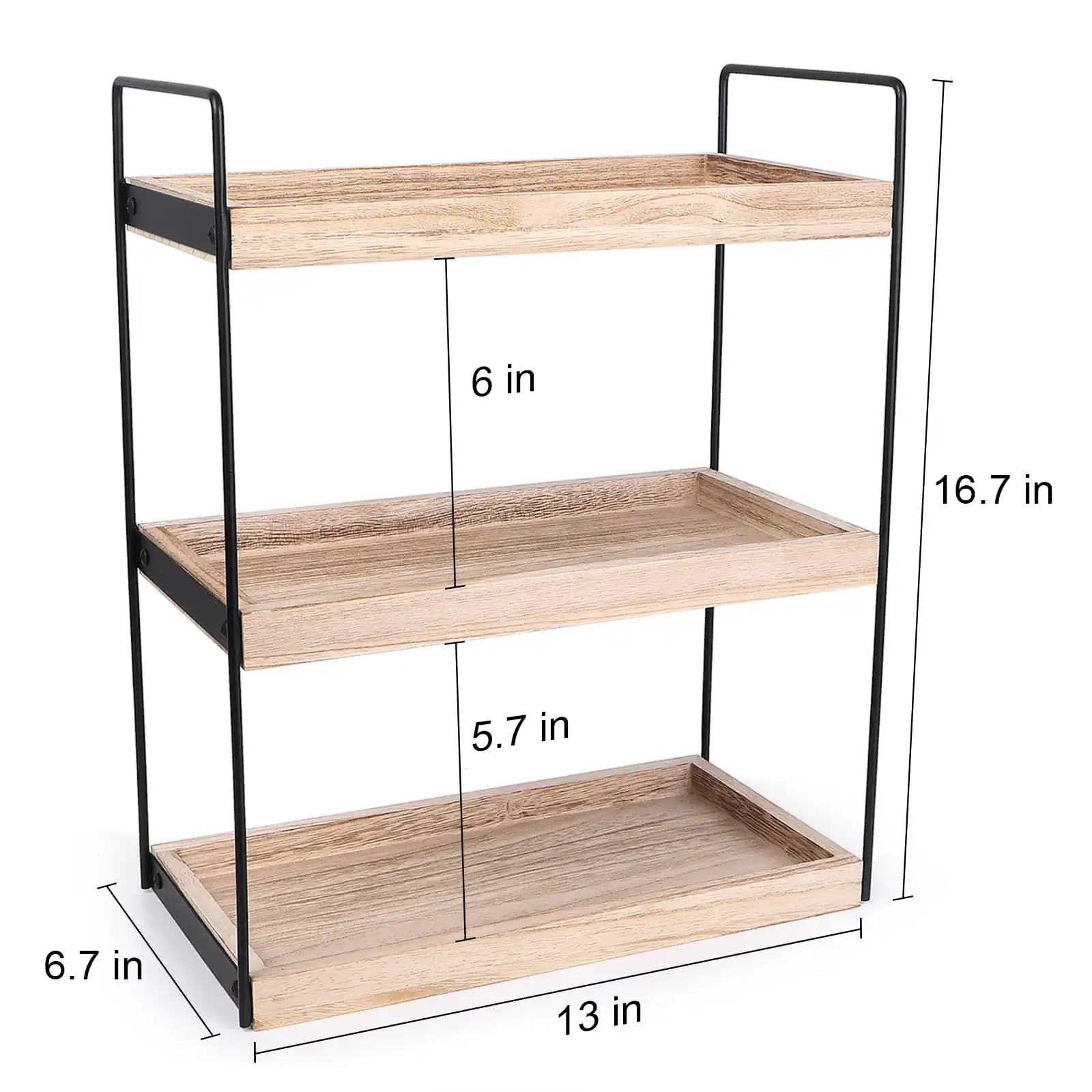 - Height: 16.7 in
- Width: 13 in
- Depth: 6.7 in
- Shelf 1 Height: 6 in
- Shelf 2 Height: 5.7 in