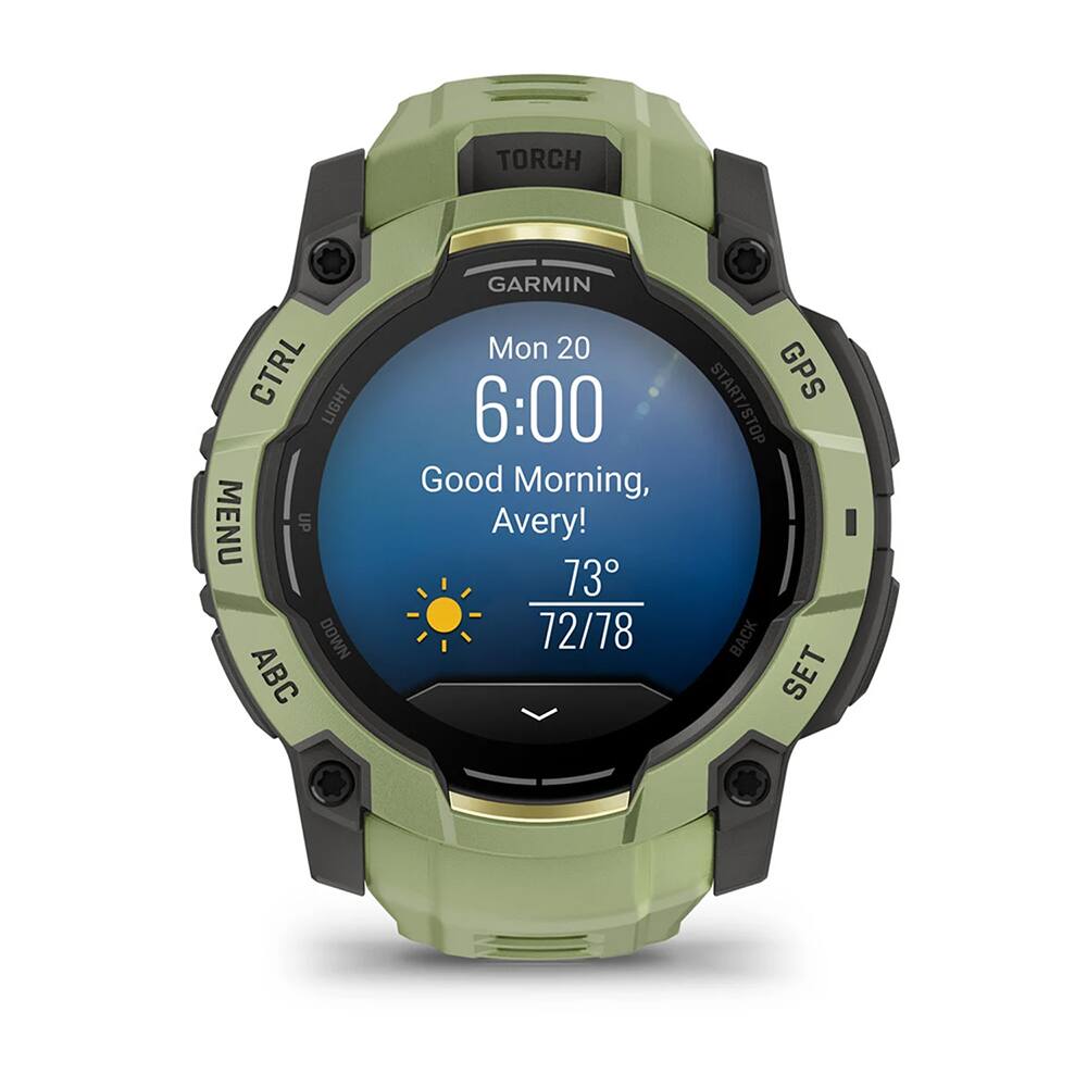 TORCH CTRL LIGHT MENU UP DOWN ABC GARMIN Mon 20 START/STOP GPS 6:00 Good Morning, Avery! 73 72/78 BACK SET