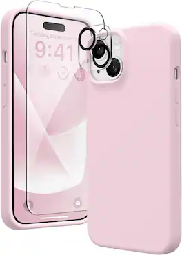 Entronix - iPhone 15 Plus Bundle - Liquid Silicone Case with Screen and Camera Lens Protectors - Light Pink