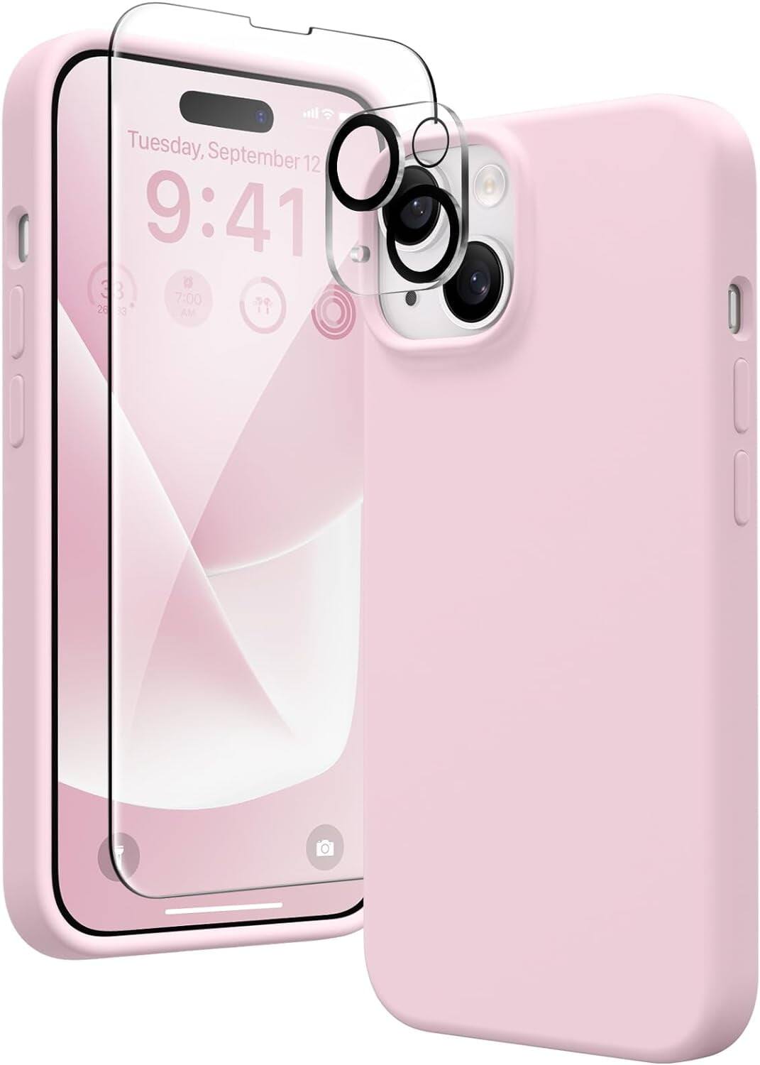 Entronix - iPhone 15 Plus Bundle - Liquid Silicone Case with Screen and Camera Lens Protectors - Light Pink