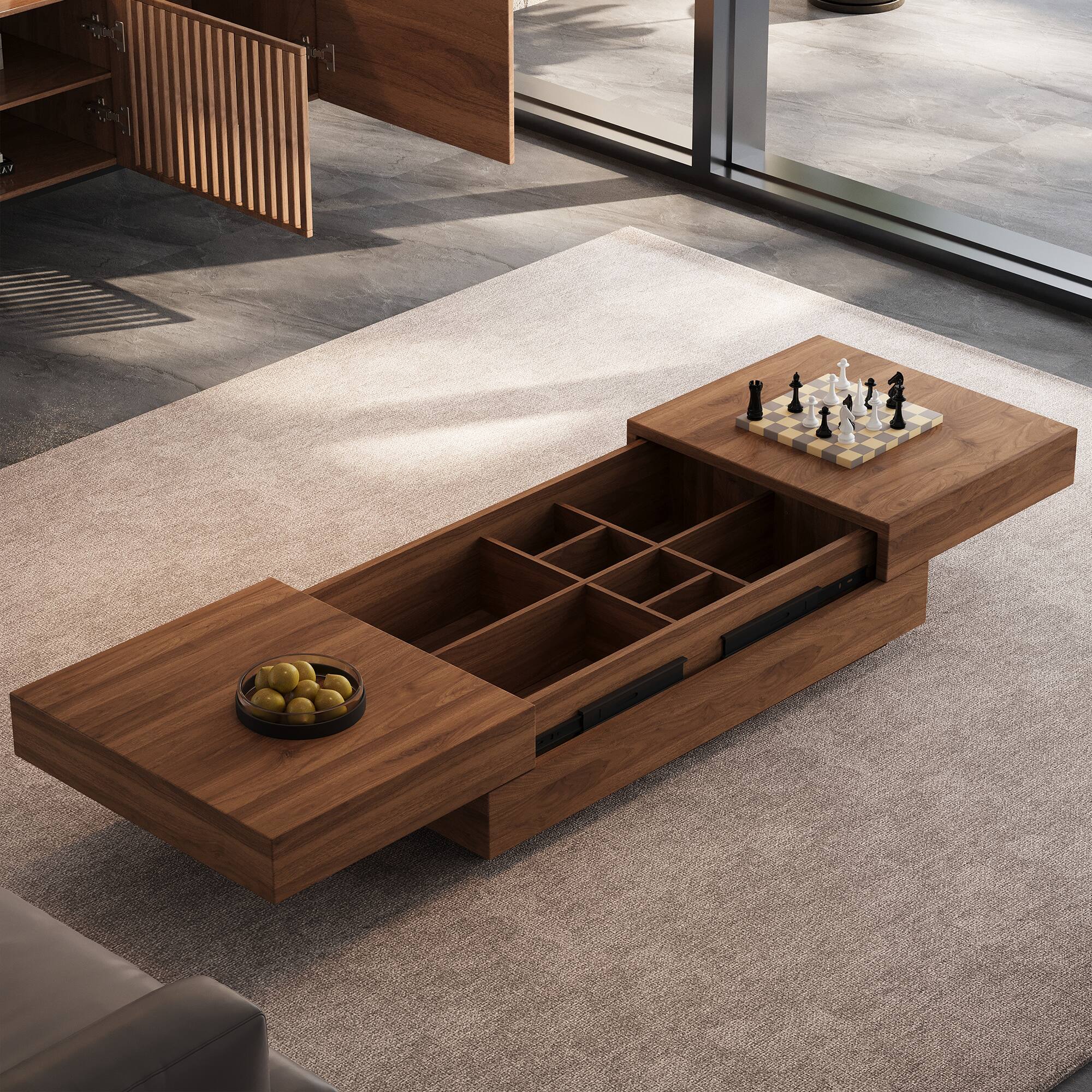 Angle. luck idea - 47.2" Extendable Coffee Table With Hidden Storage - Walnut color.