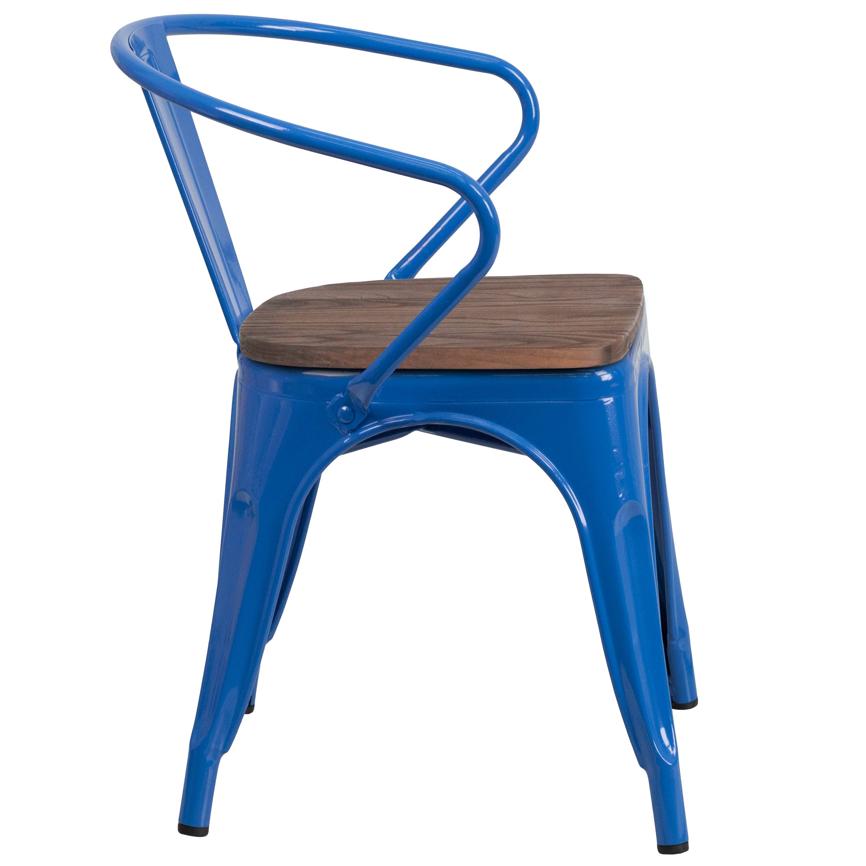 Alt View 4. Emma + Oliver - Metal Chair with Wood Seat and Arms - Blue.