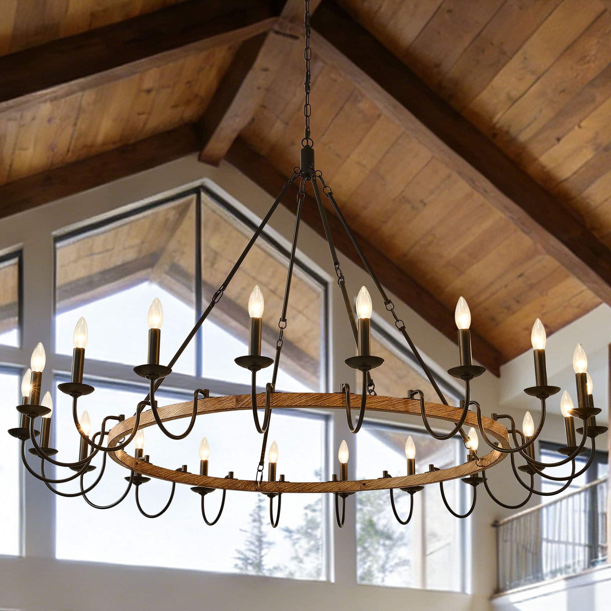 RYHNUYNE - BAOURE 20-Light Rustic Wagon Wheel Chandelier,Farmhouse Dining Room Light Fixture,Round Wood Chandelier for Living Room - Black