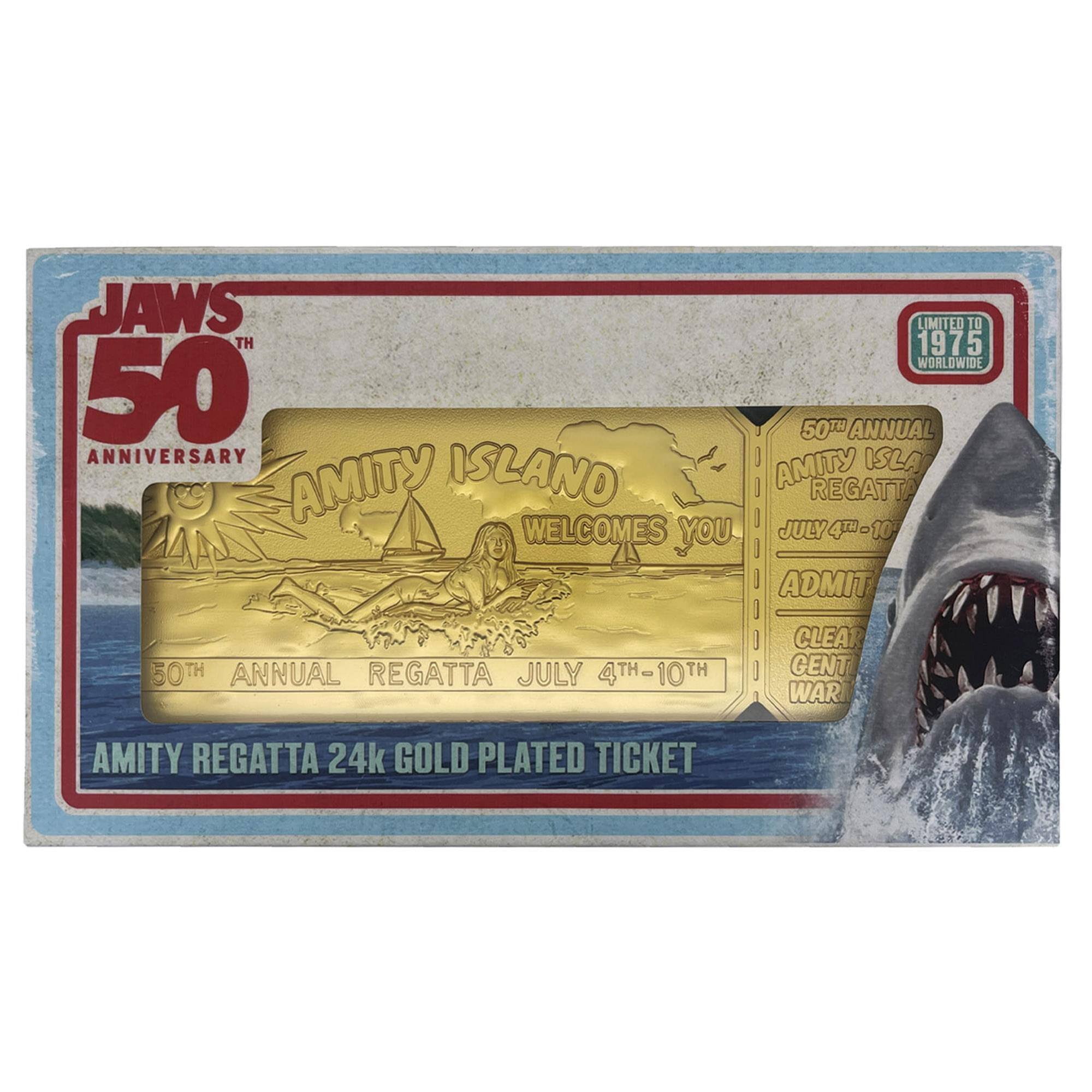 JAWS 50TH ANNIVERSARY  
LIMITED TO 1975 WORLDWIDE  
AMITY ISLAND WELCOMES YOU  
50TH ANNUAL REGATTA JULY 4TH-10TH  
ADMIT ONE  
CLEAR CENTRAL WAR  
AMITY REGATTA 24K GOLD PLATED TICKET