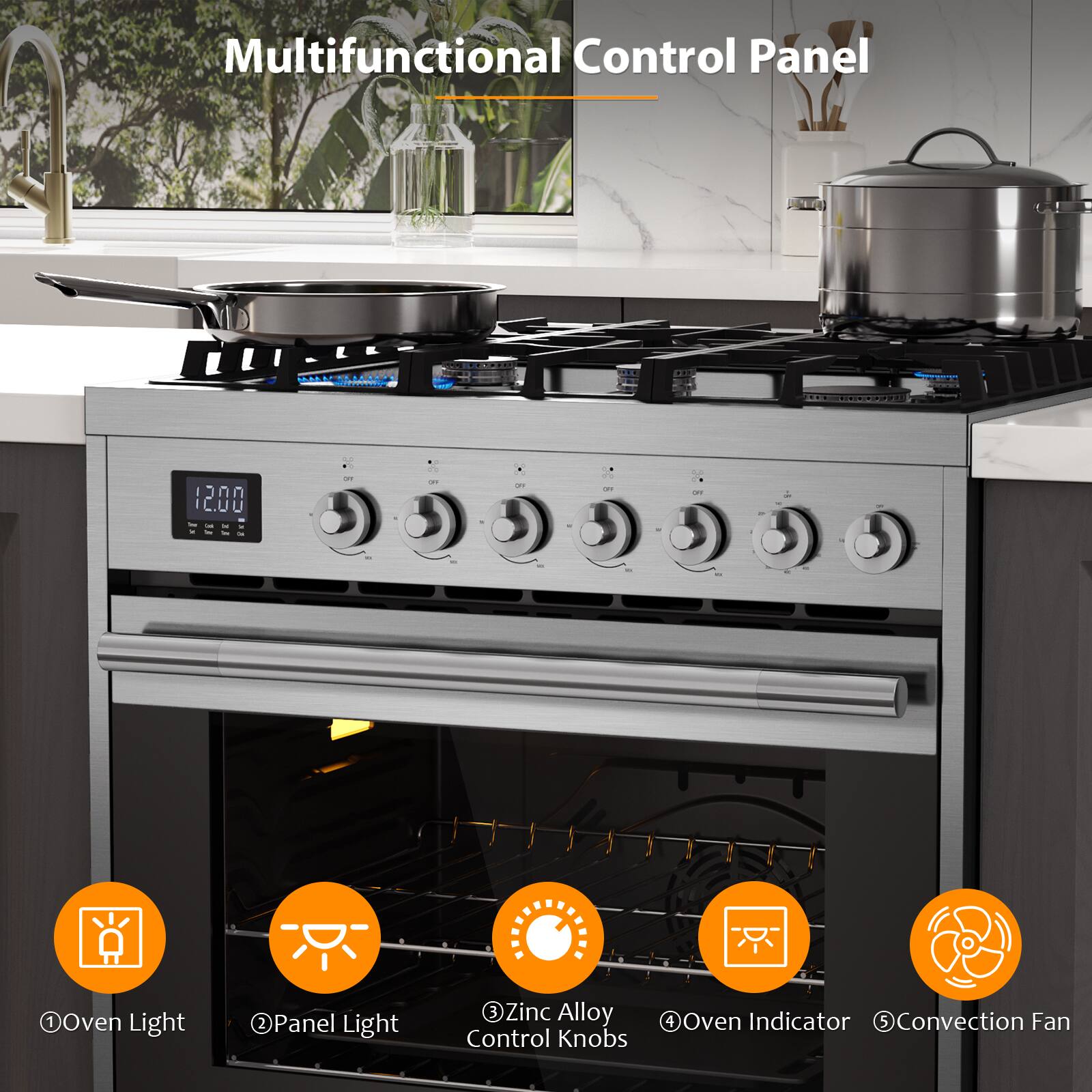 Multifunctional Control Panel
1. Oven Light
2. Panel Light
3. Zinc Alloy Control Knobs
4. Oven Indicator
5. Convection Fan