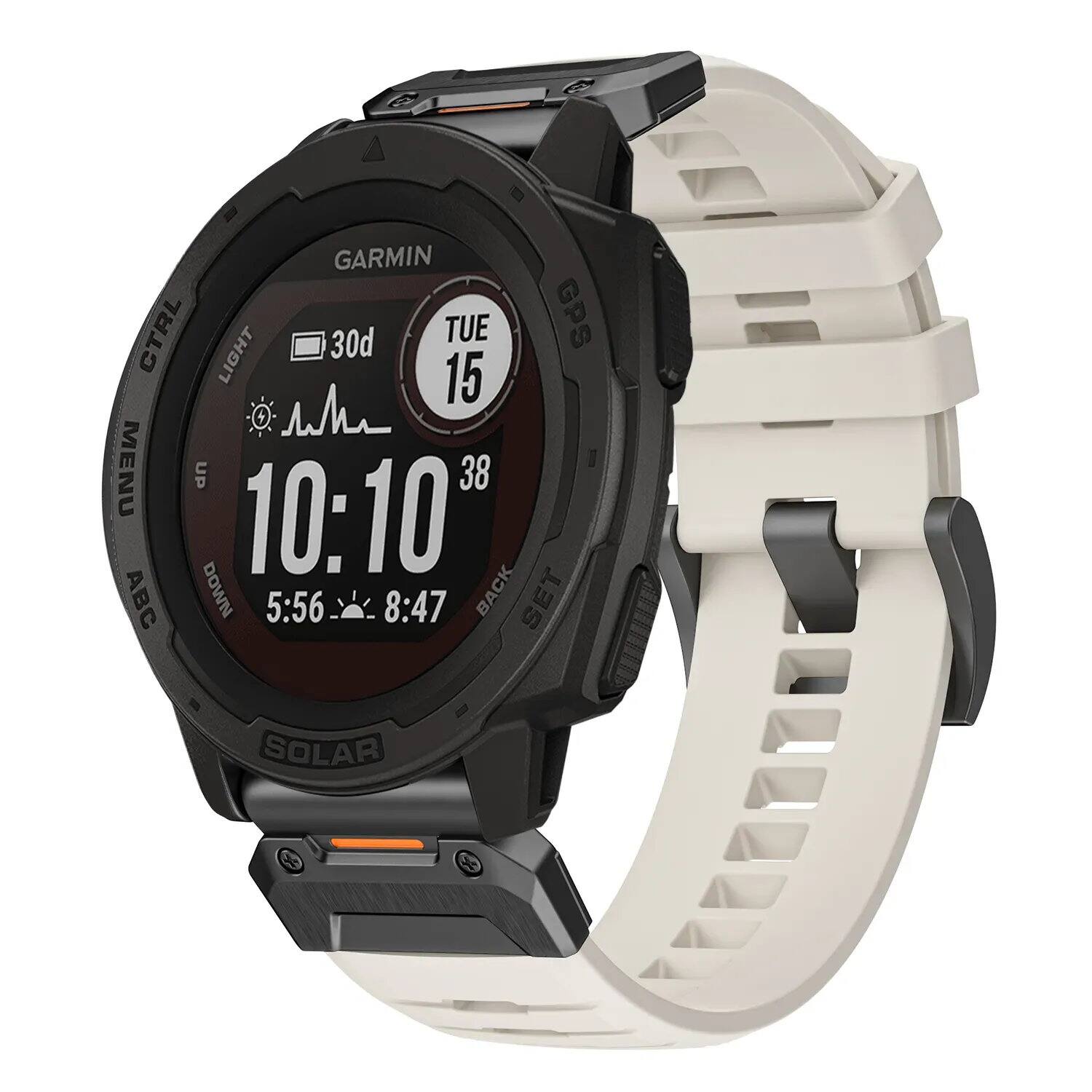 GARMIN CTRL 30d TUE 15 GPS LIGHT 10:10 38 ABC MENU UP 5:56 8:47 BACK DOWN SOLAR