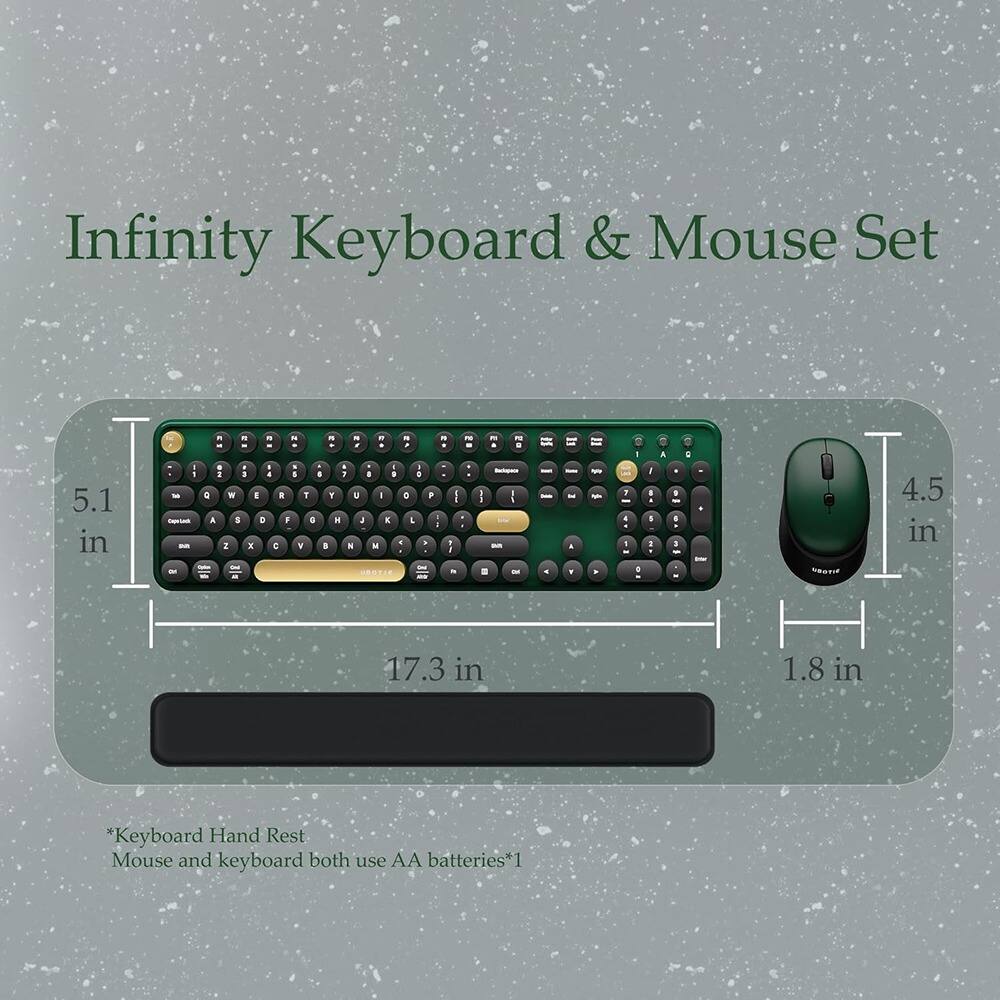 Infinity Keyboard & Mouse Set

5.1 in  
17.3 in  
1.8 in  
4.5 in  

*Keyboard Hand Rest  
Mouse and keyboard both use AA batteries*
