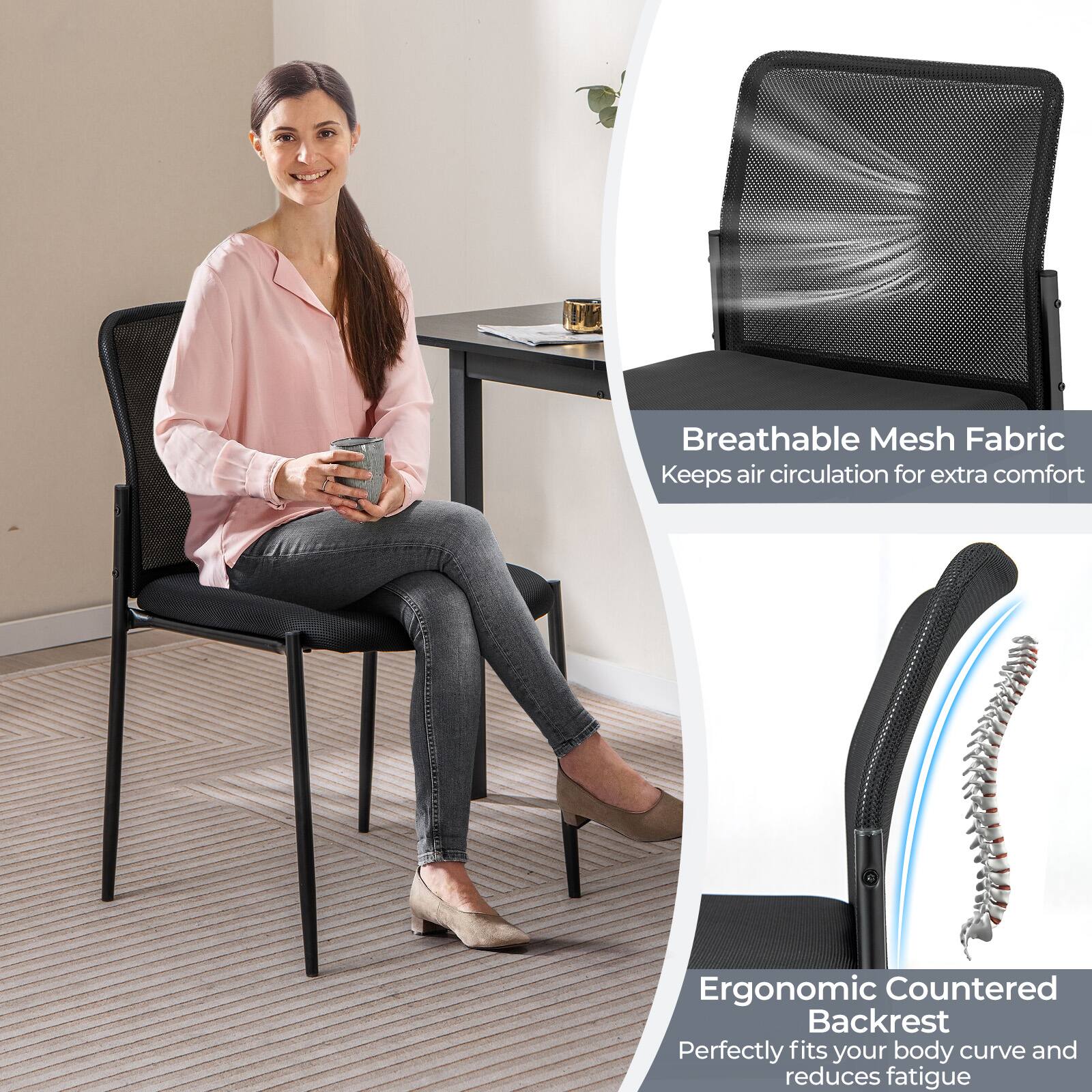 The image features a woman sitting on a chair with a cup in her hand. The chair is described as having a breathable mesh fabric, which provides extra comfort by allowing air circulation. Additionally, the chair is equipped with an ergonomic countered backrest that perfectly fits the body curve, reducing fatigue. The woman appears to be enjoying her time in the chair, which is designed to offer both comfort and support.