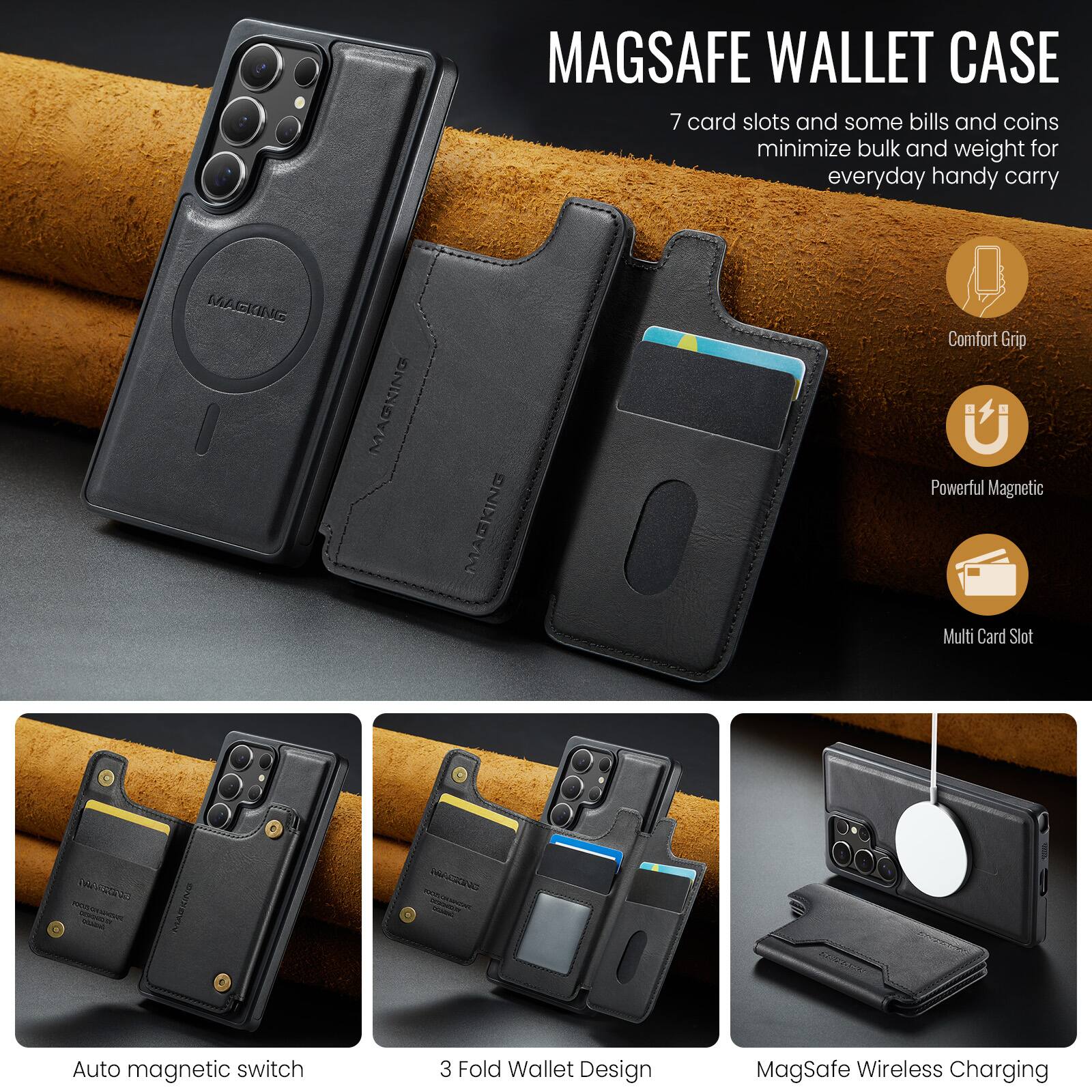 MAGSAFE WALLET CASE

7 card slots and some bills and coins minimize bulk and weight for everyday handy carry

- Comfort Grip
- Powerful Magnetic
- Multi Card Slot
- Auto magnetic switch
- 3 Fold Wallet Design
- MagSafe Wireless Charging