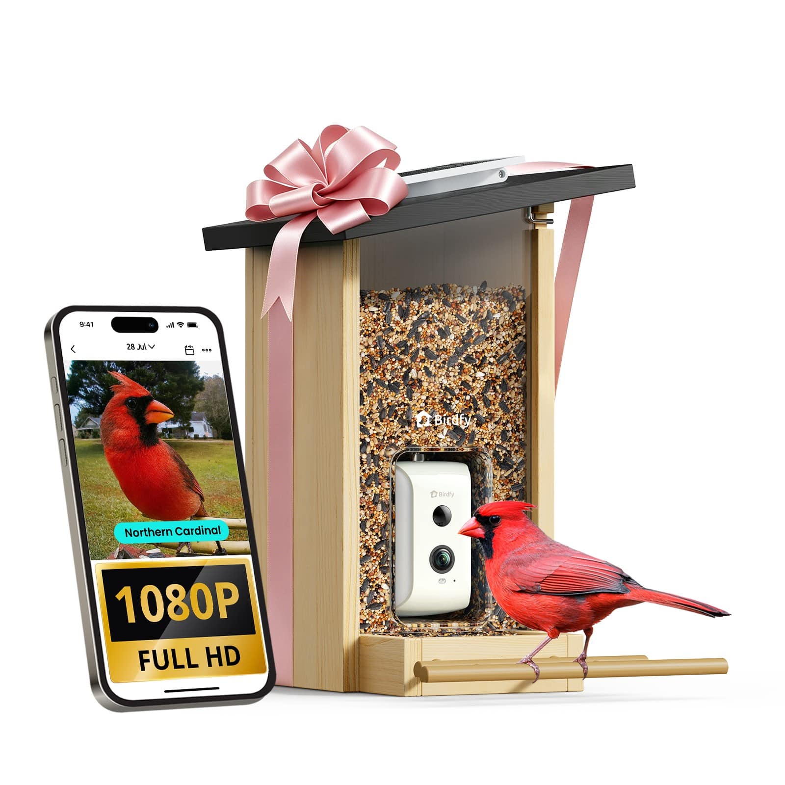BIRDFY - Smart Bird Feeder with Camera and Solar Panel, AI Bird ID(7-Day Free Trial), 1080P HD Live View, Gift for Bird Lovers - Natural Wood Finish & Black