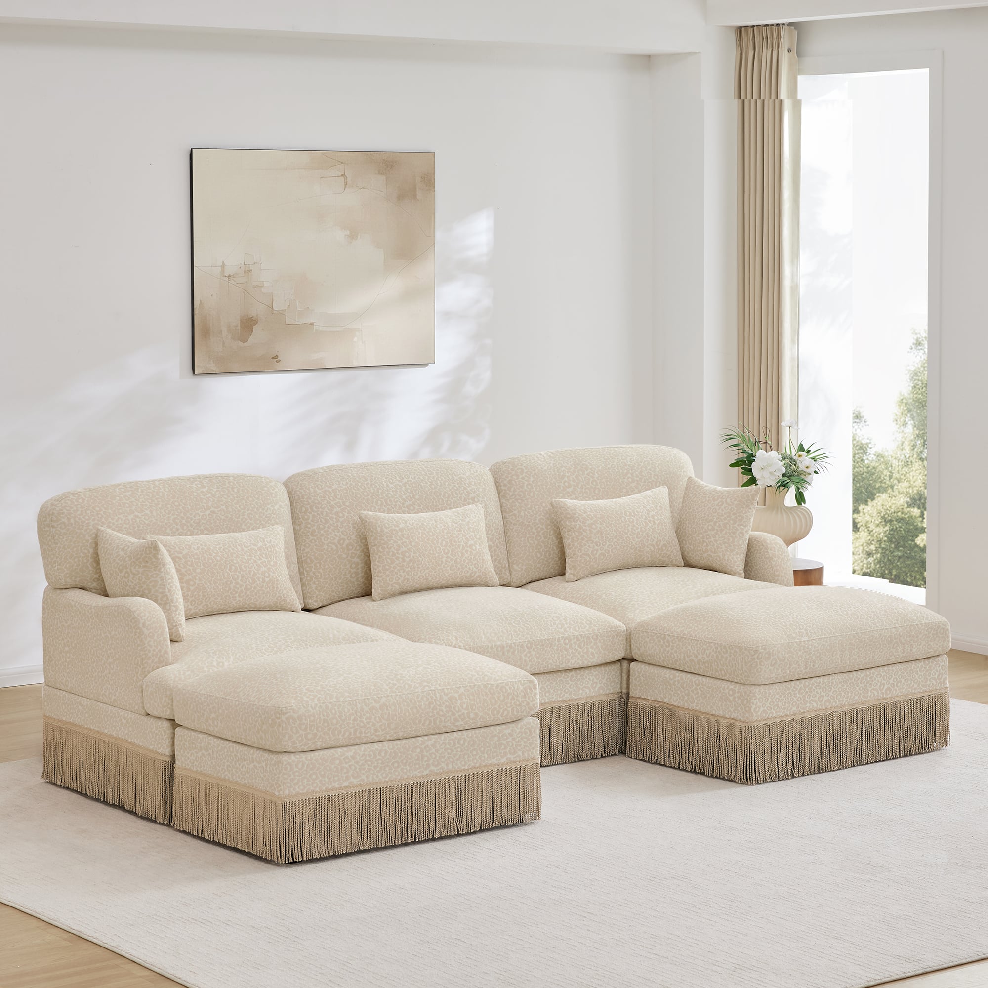 "Anysun - 100"" U-Shaped Chenille Leopard Print Sofa with Movable Ottomans & Tassel Edge, Ergonomic Deep Seat for Living Room - Beige" price history on PriceWatchPro