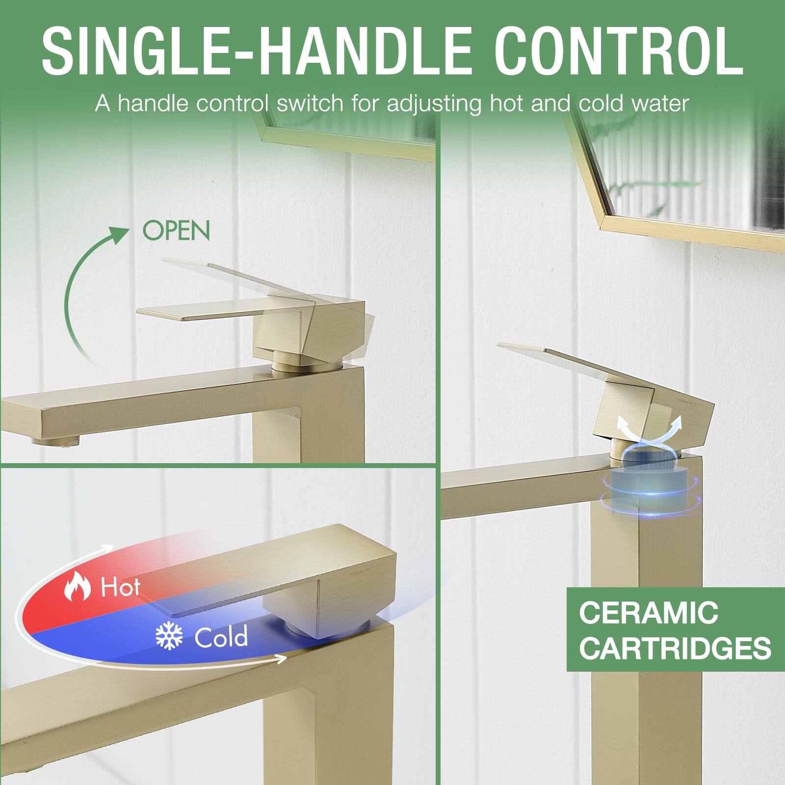 SINGLE-HANDLE CONTROL, A handle control switch for adjusting hot and cold water, OPEN, Hot, Cold, CERAMIC CARTRIDGES