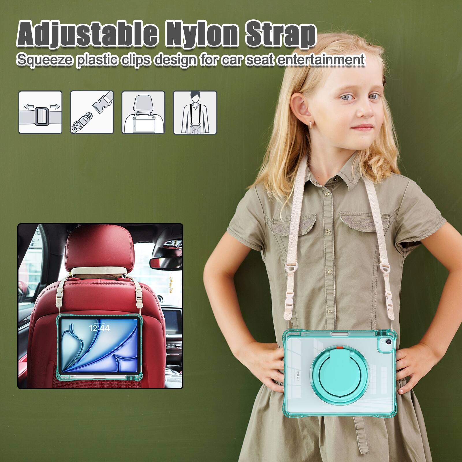 Adjustable Nylon Strap  
Squeeze plastic clips design for car seat entertainment