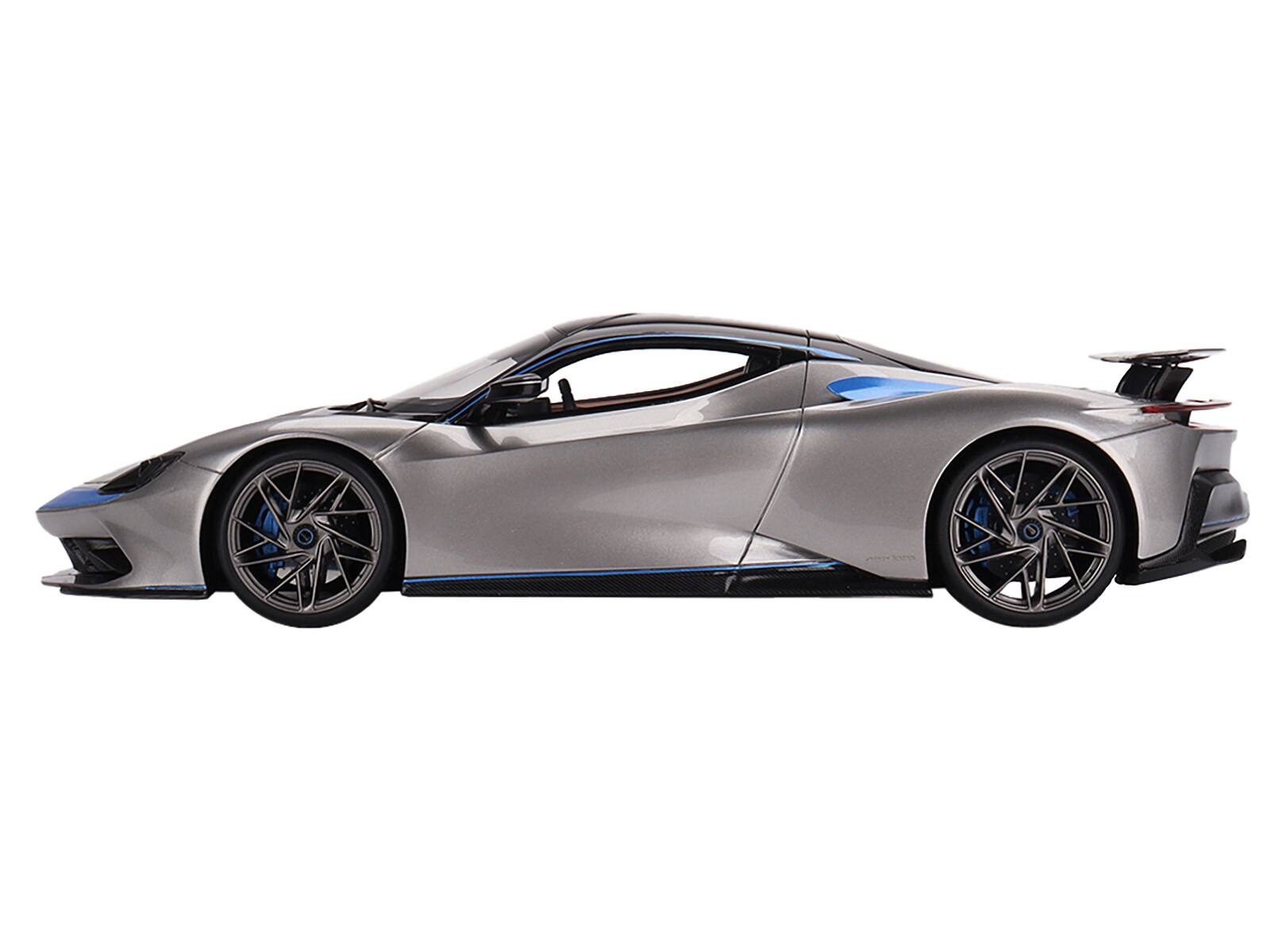 Left. Top Speed - 2019 Pininfarina Battista Grigio Luserna Silver Metallic Iconica Blu Accents Black Top World Premiere 1/18 - Silver Metallic.