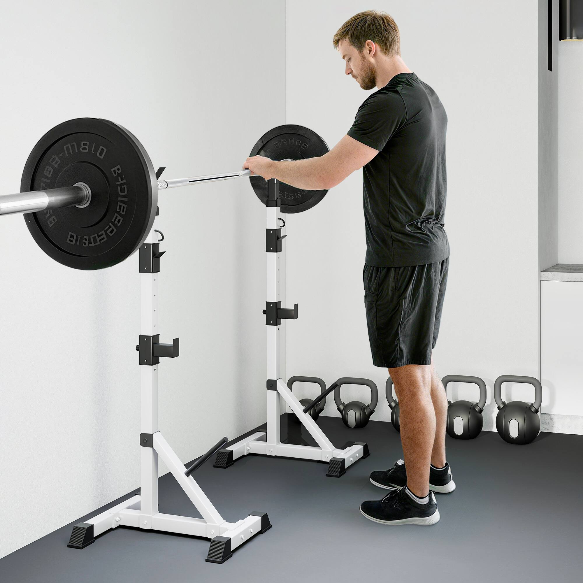 Alt View 7. Soozier - Pair of Adjustable Squat Rack Standard 53.5"-69.25" Barbell Rack Stand 440lbs Capacity - Silver.