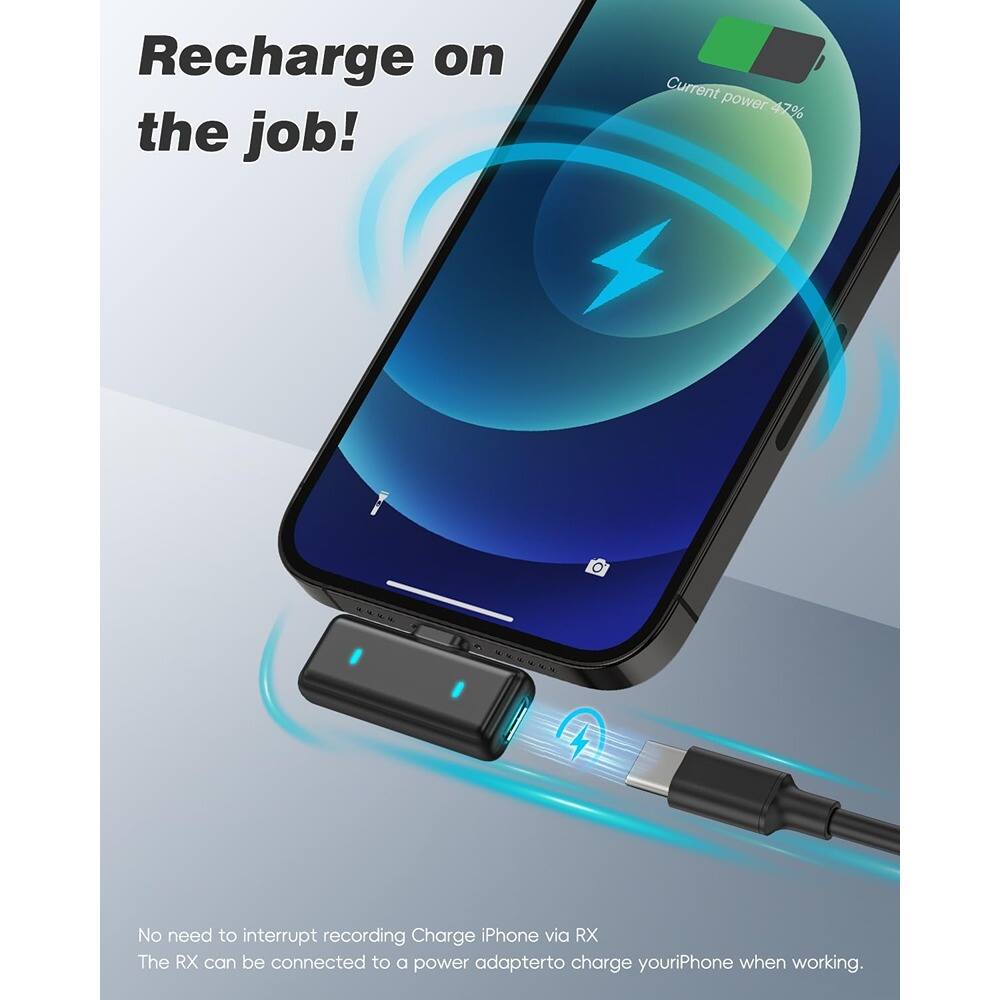 Recharge on the job!

Current power 47%

No need to interrupt recording. Charge iPhone via RX. The RX can be connected to a power adapter to charge your iPhone when working.