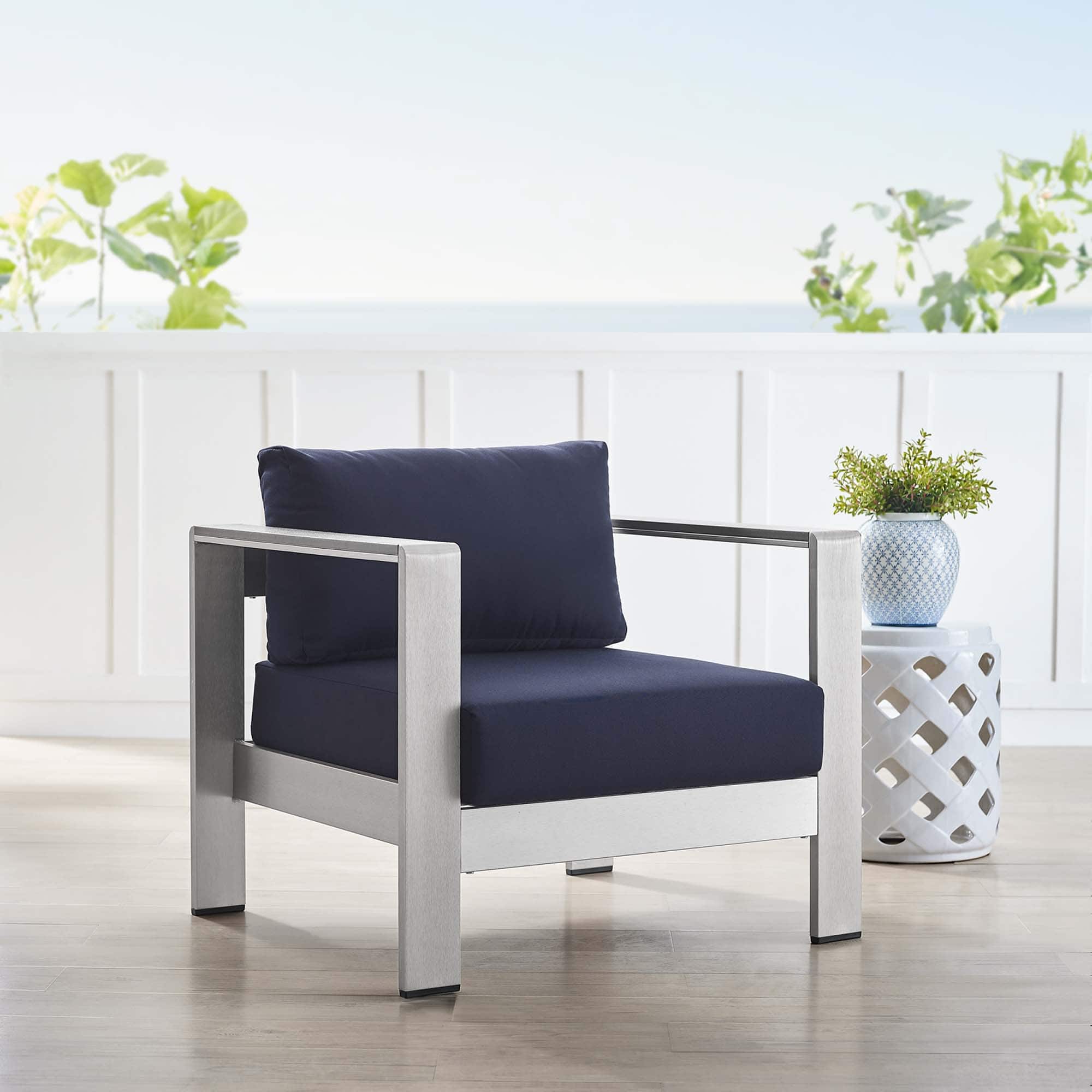 Shore Sunbrella® Fabric Aluminum Outdoor Patio Armchair by Modway - Silver Navy