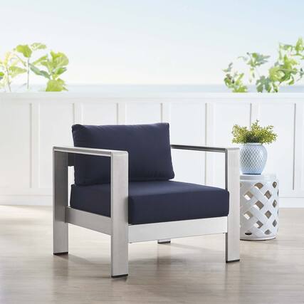 Front. Modway - Shore Sunbrella® Fabric Aluminum Outdoor Patio Armchair by Modway - Silver Navy.