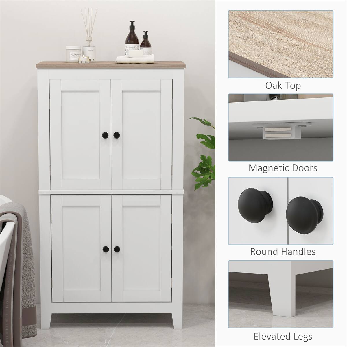 - Oak Top
- Magnetic Doors
- Round Handles
- Elevated Legs