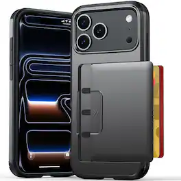 Dteck - Shockproof Sliding Wallet Phone Case for Apple iPhone 17 Pro with Card Slot, Hard PC Dual Layer Protective Cover - Gray