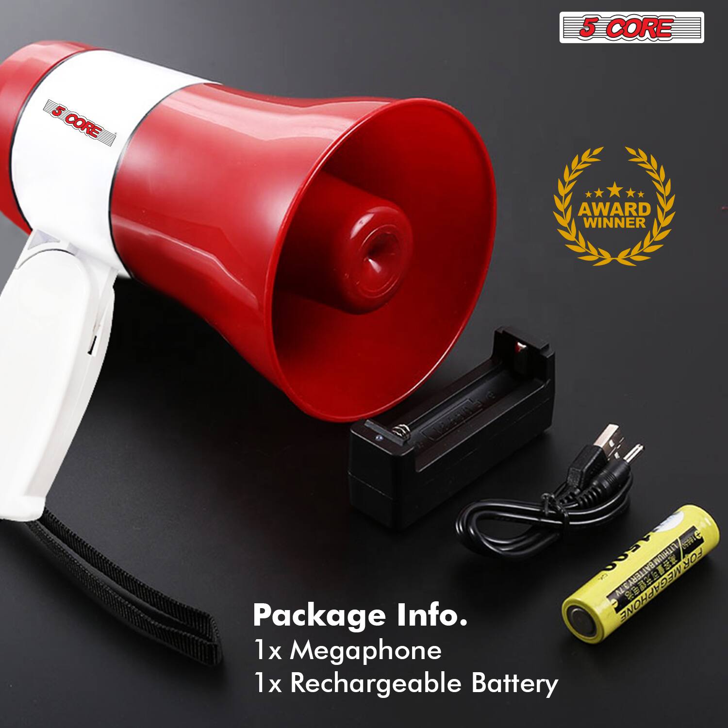 5 CORE  
5 CORE AWARD WINNER  

Package Info.  
1x Megaphone  
1x Rechargeable Battery