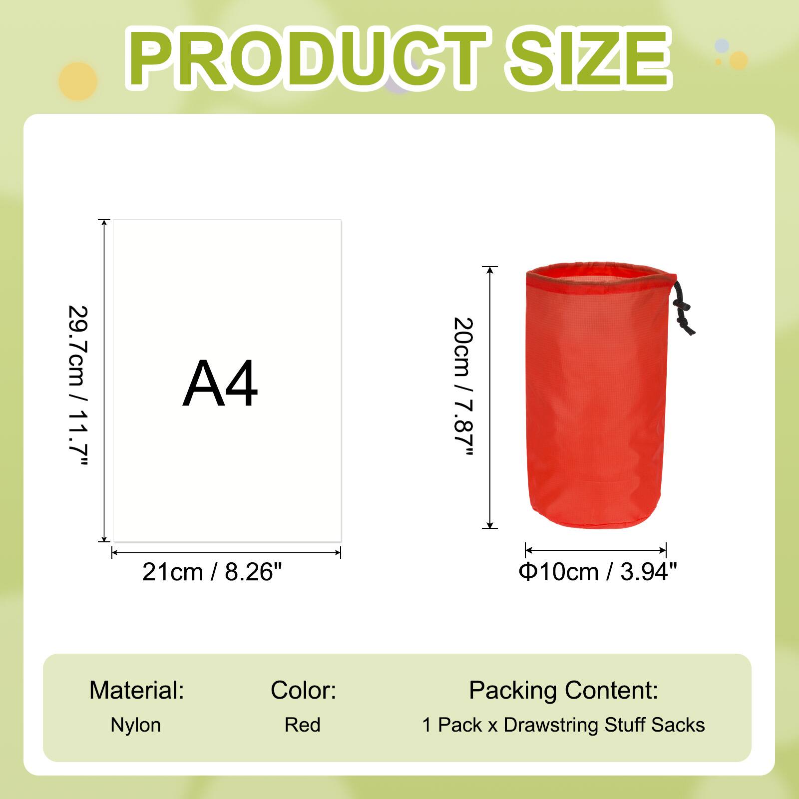 PRODUCT SIZE

A4  
29.7cm / 11.7"  
21cm / 8.26"  
20cm / 7.87"  
Φ10cm / 3.94"

Material: Nylon  
Color: Red  
Packing Content: 1 Pack x Drawstring Stuff Sacks