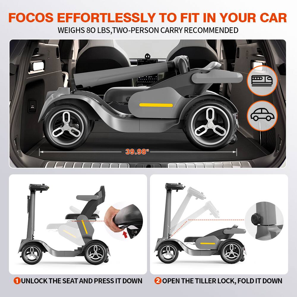 FOCOS EFFORTLESSLY TO FIT IN YOUR CAR  
WEIGHS 80 LBS, TWO-PERSON CARRY RECOMMENDED  

39.98"  

1. UNLOCK THE SEAT AND PRESS IT DOWN  
2. OPEN THE TILLER LOCK, FOLD IT DOWN