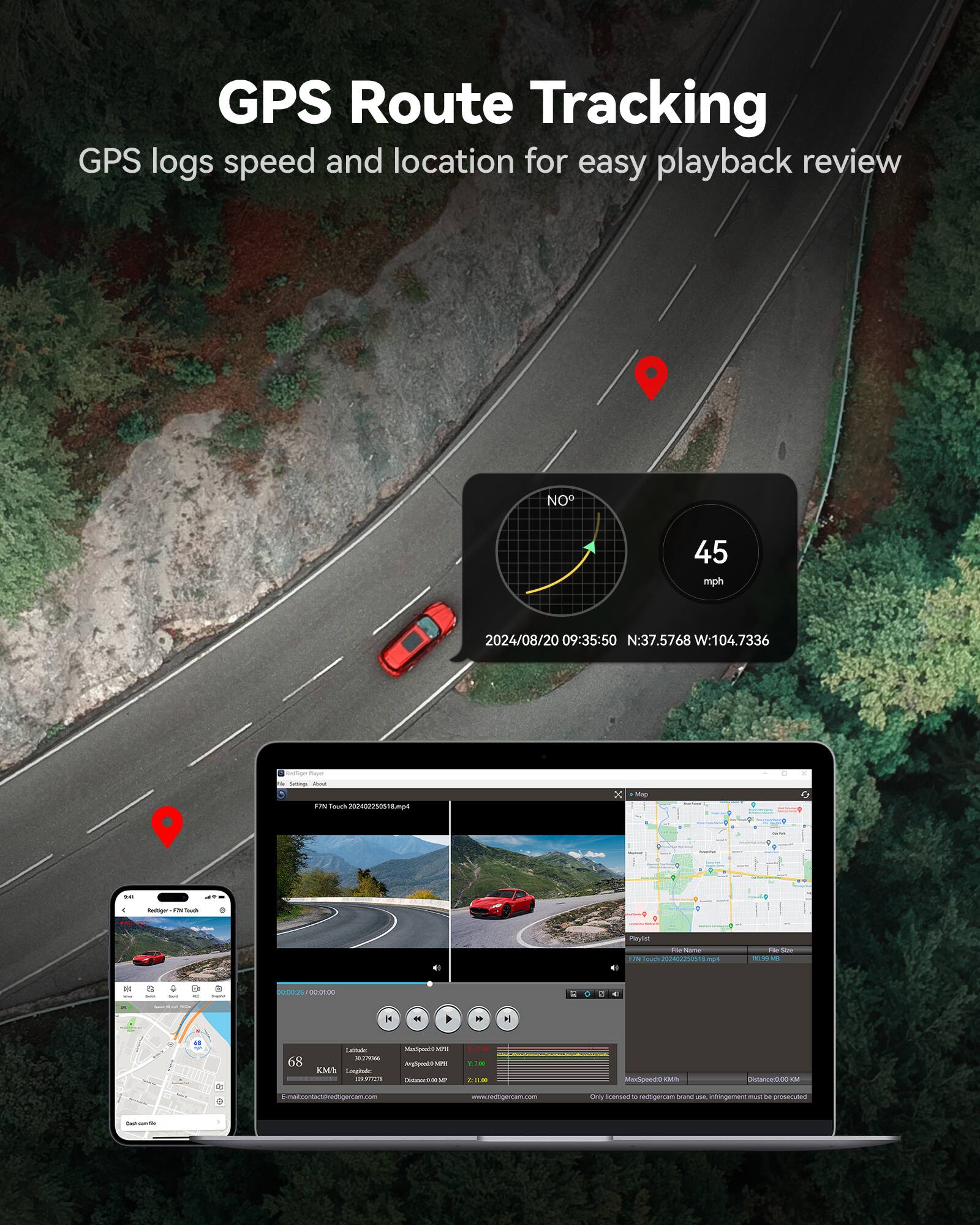 GPS Route Tracking  
GPS logs speed and location for easy playback review  

NO 45 mph  
2024/08/20 09:35:50  
N:37.5768 W:104.7336