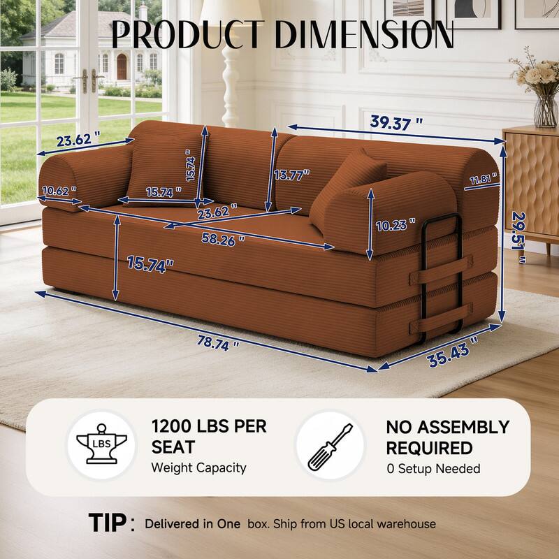 PRODUCT DIMENSION  
23.62" x 15.74" x 10.62" x 15.74" x 58.26" x 15.74"  
13.77"  
39.37" x 10.23"  
11.81"  
29.51"  
78.74"  
35.43"  
1200 LBS PER SEAT Weight Capacity  
NO ASSEMBLY REQUIRED 0 Setup Needed  
TIP: Delivered in One box. Ship from US local warehouse